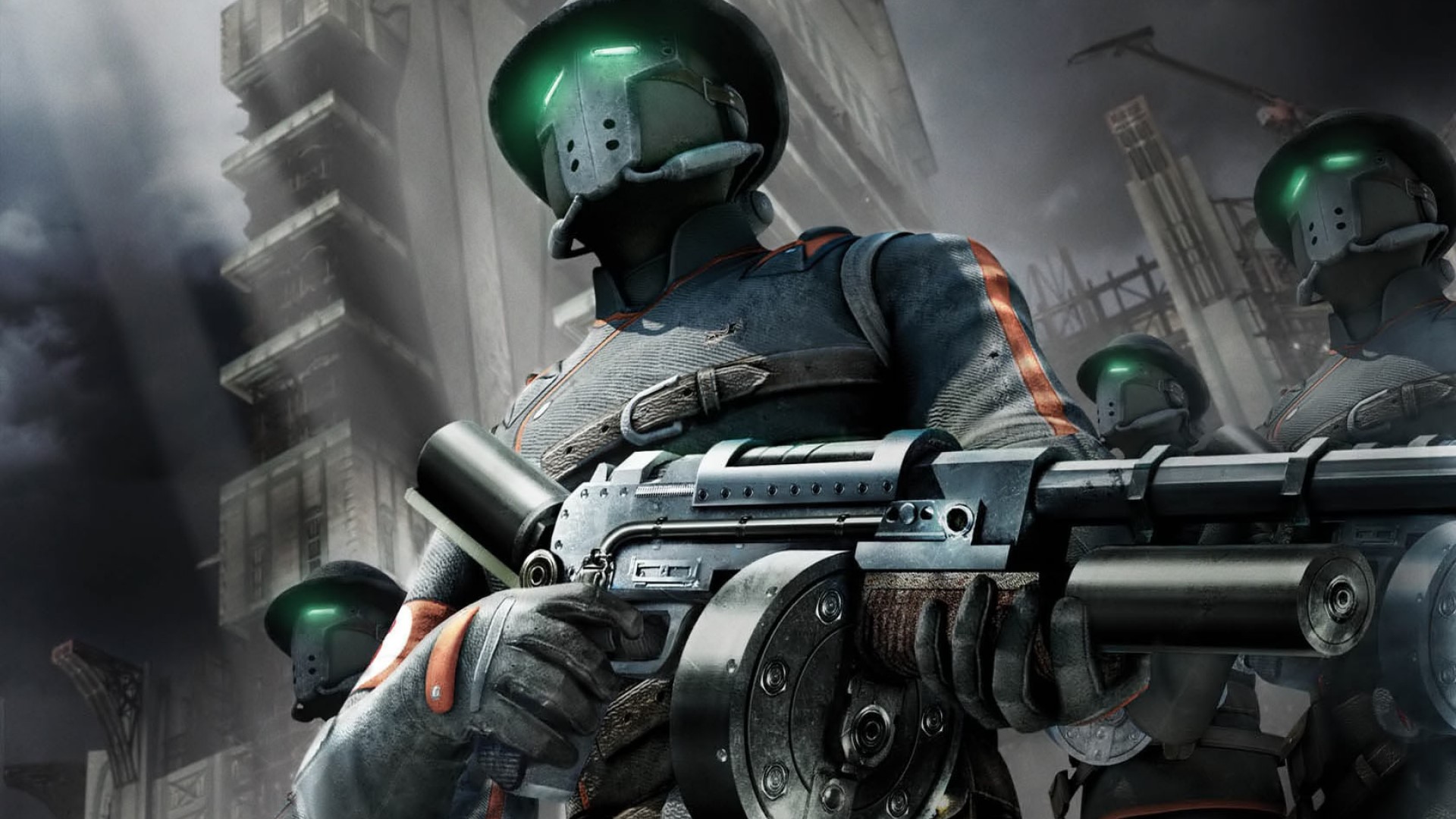 Soldiers with machine guns in a ruined city HD Wallpaper