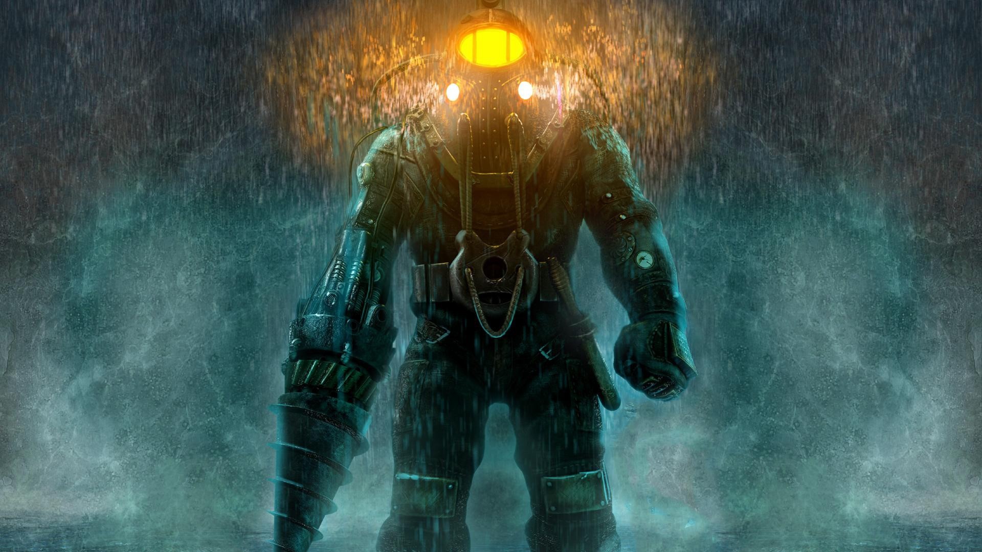 Big Daddy from BioShock in the rain HD Wallpaper