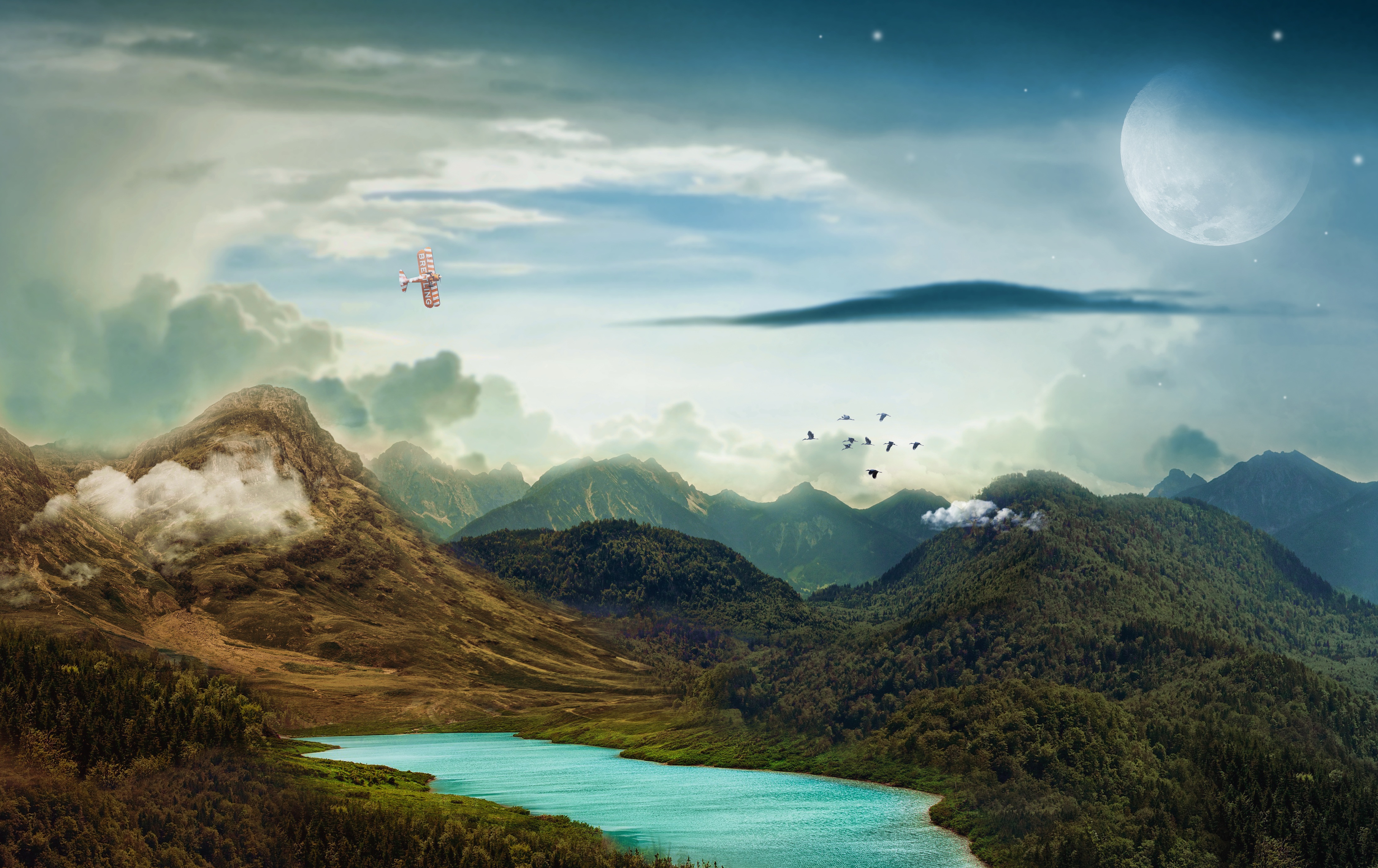 4K Landscape of Mountains, Moon, and Lake with Biplane HD Wallpaper