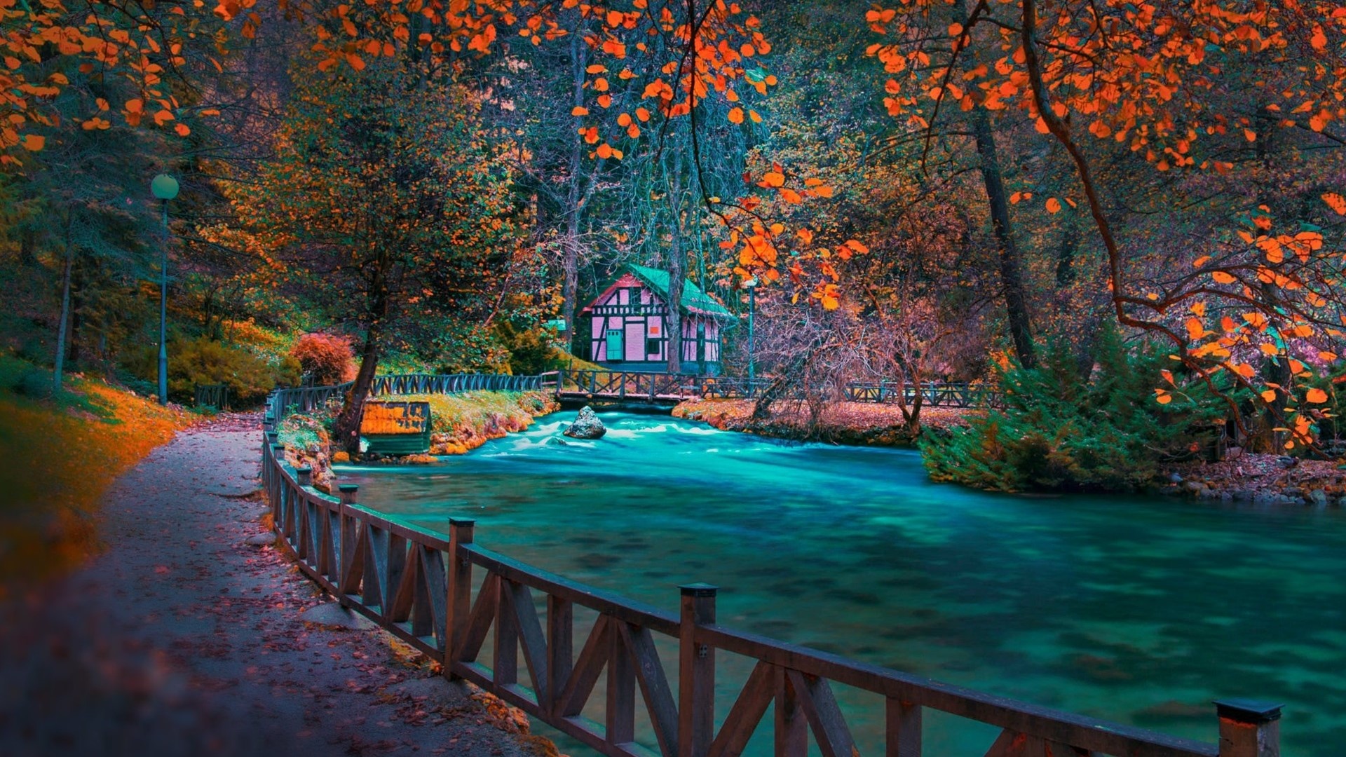Autumn park with a river and a small house HD Wallpaper