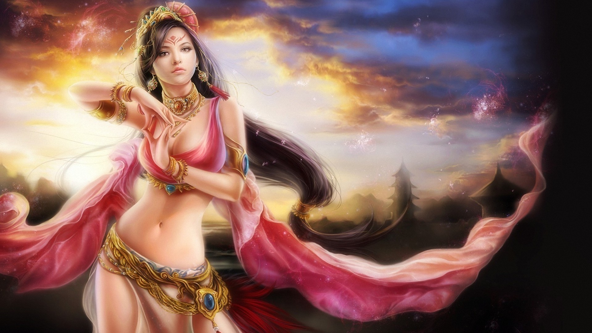 Woman in pink outfit with ornate jewelry HD Wallpaper