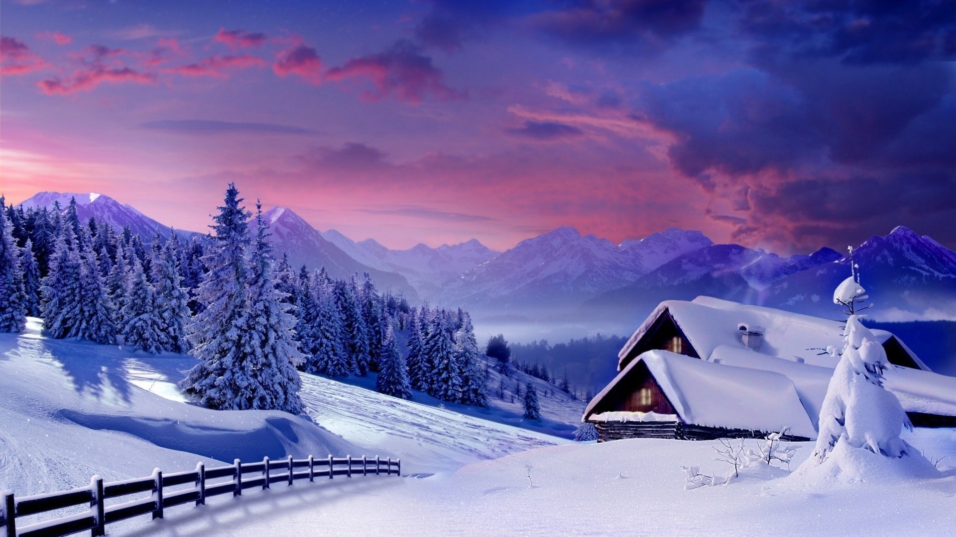 Snowy houses in a mountain landscape at sunset HD Wallpaper
