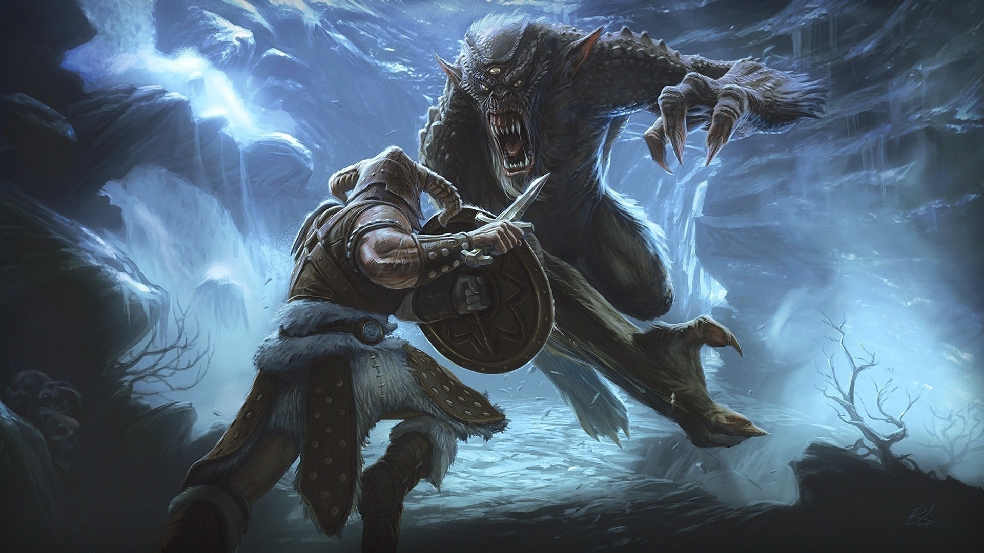 Dragonborn fighting a troll in Skyrim HD Wallpaper