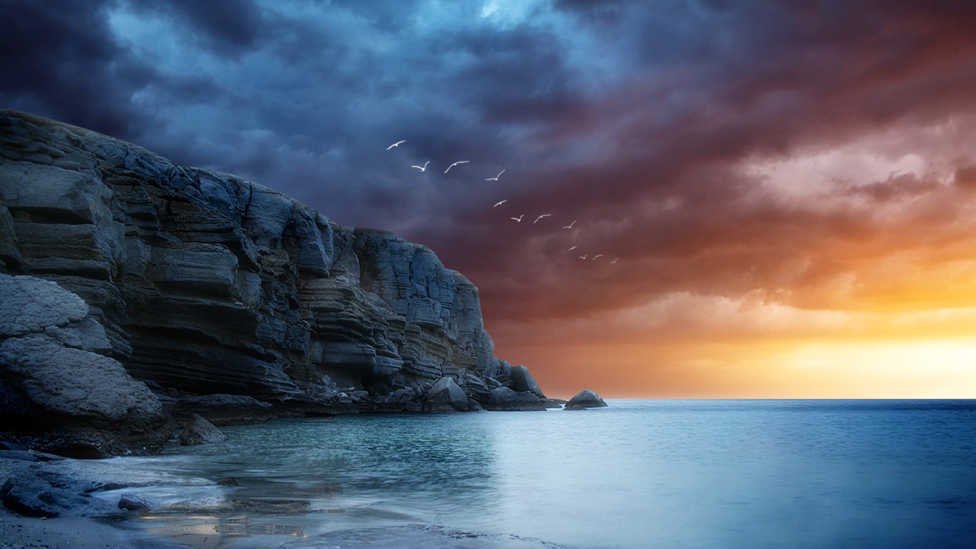 Seagulls flying over the sea near cliffs at sunset HD Wallpaper