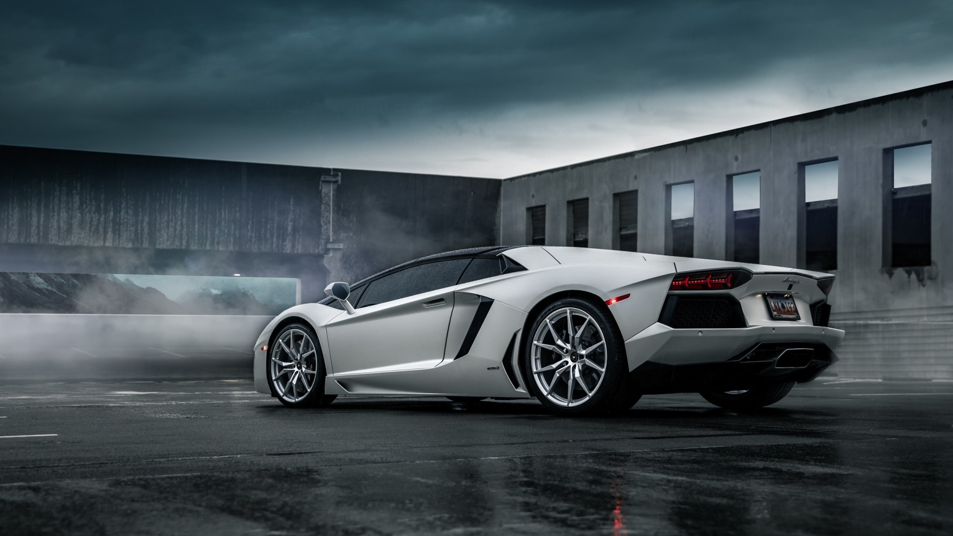 White Lamborghini Aventador parked on wet asphalt HD Wallpaper