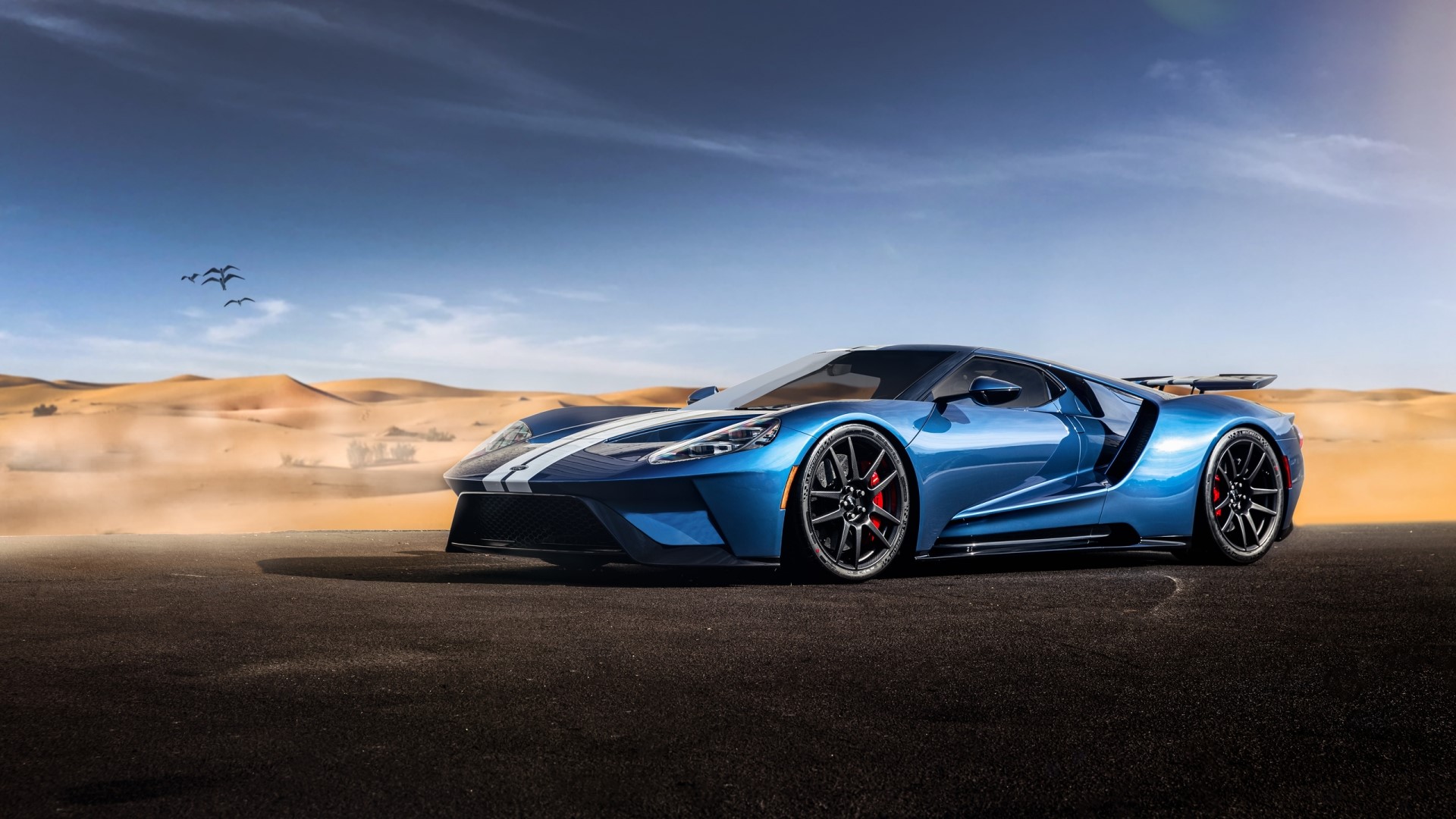 Blue Ford GT with white stripes in desert HD Wallpaper
