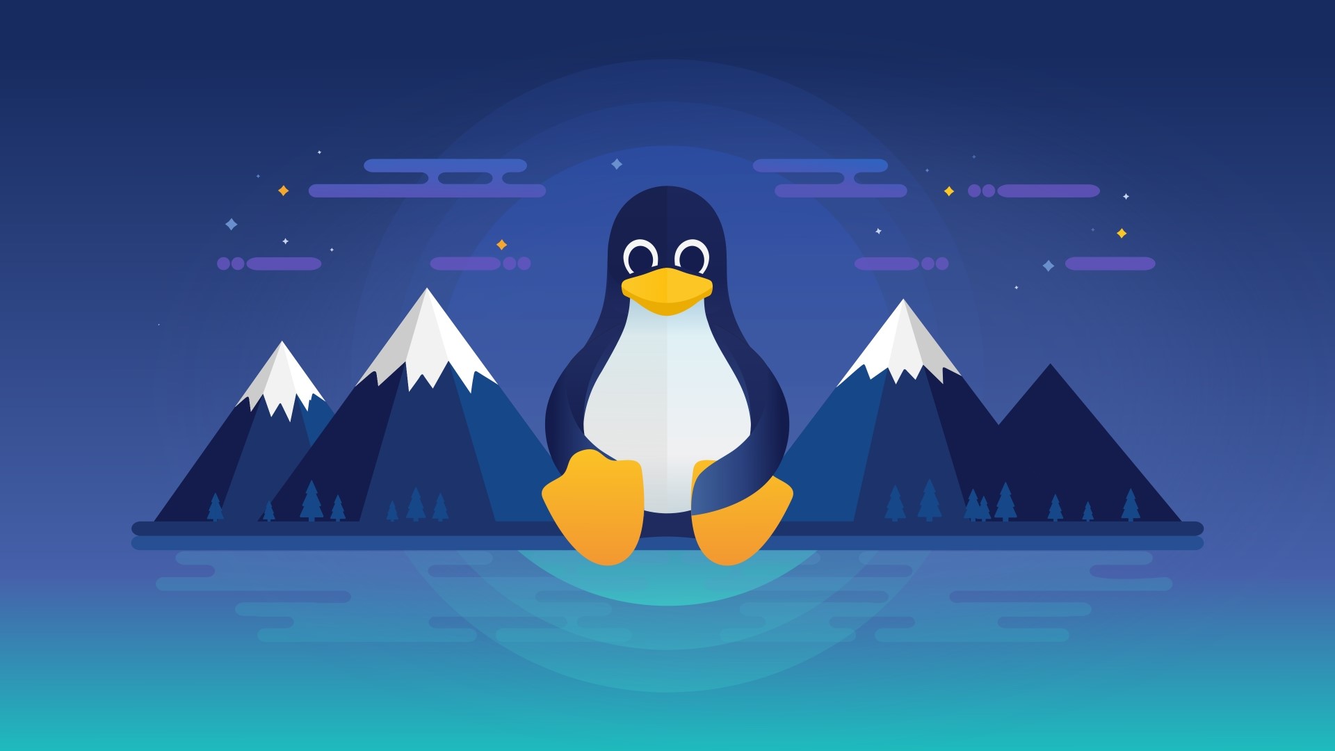 Tux the penguin sits in front of mountains at night HD Wallpaper