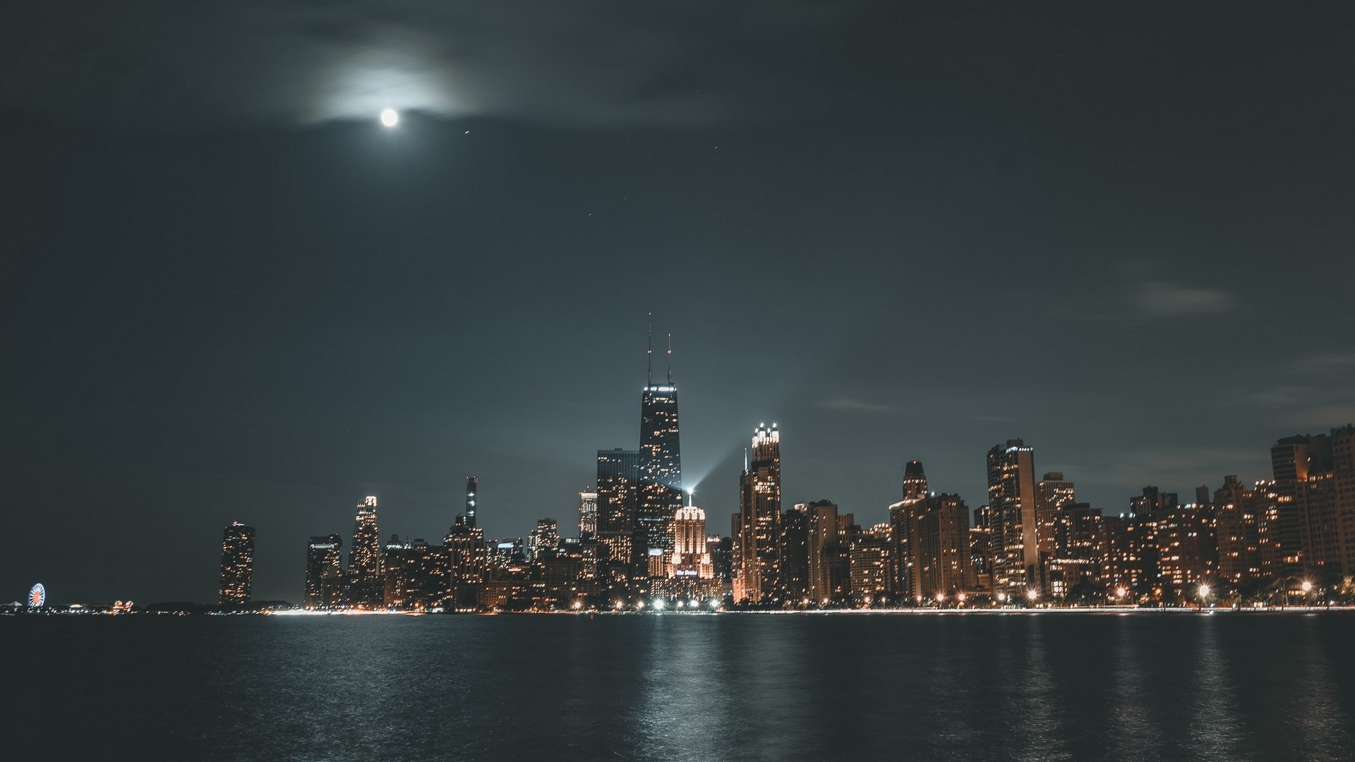 Night cityscape with moon over water HD Wallpaper