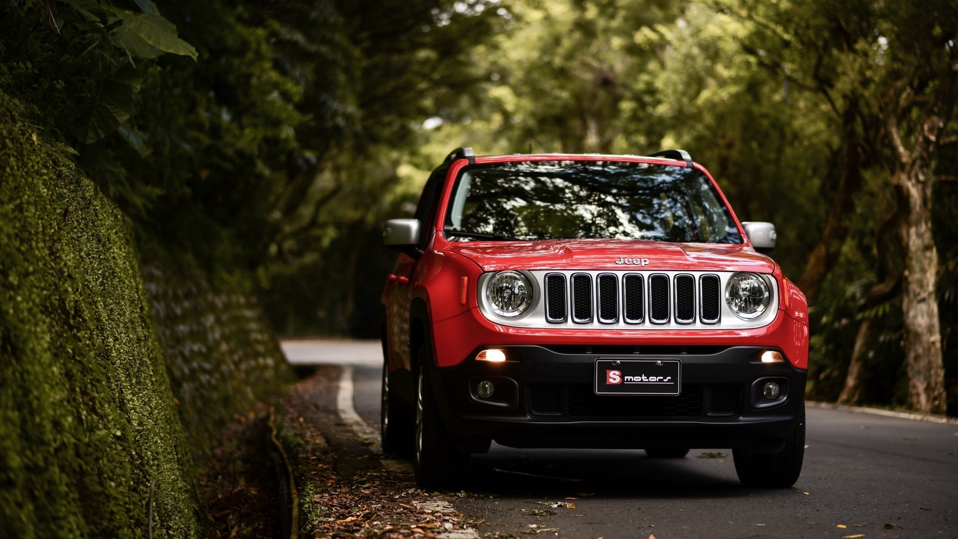 Red Jeep Renegade on a Forest Road HD Wallpaper
