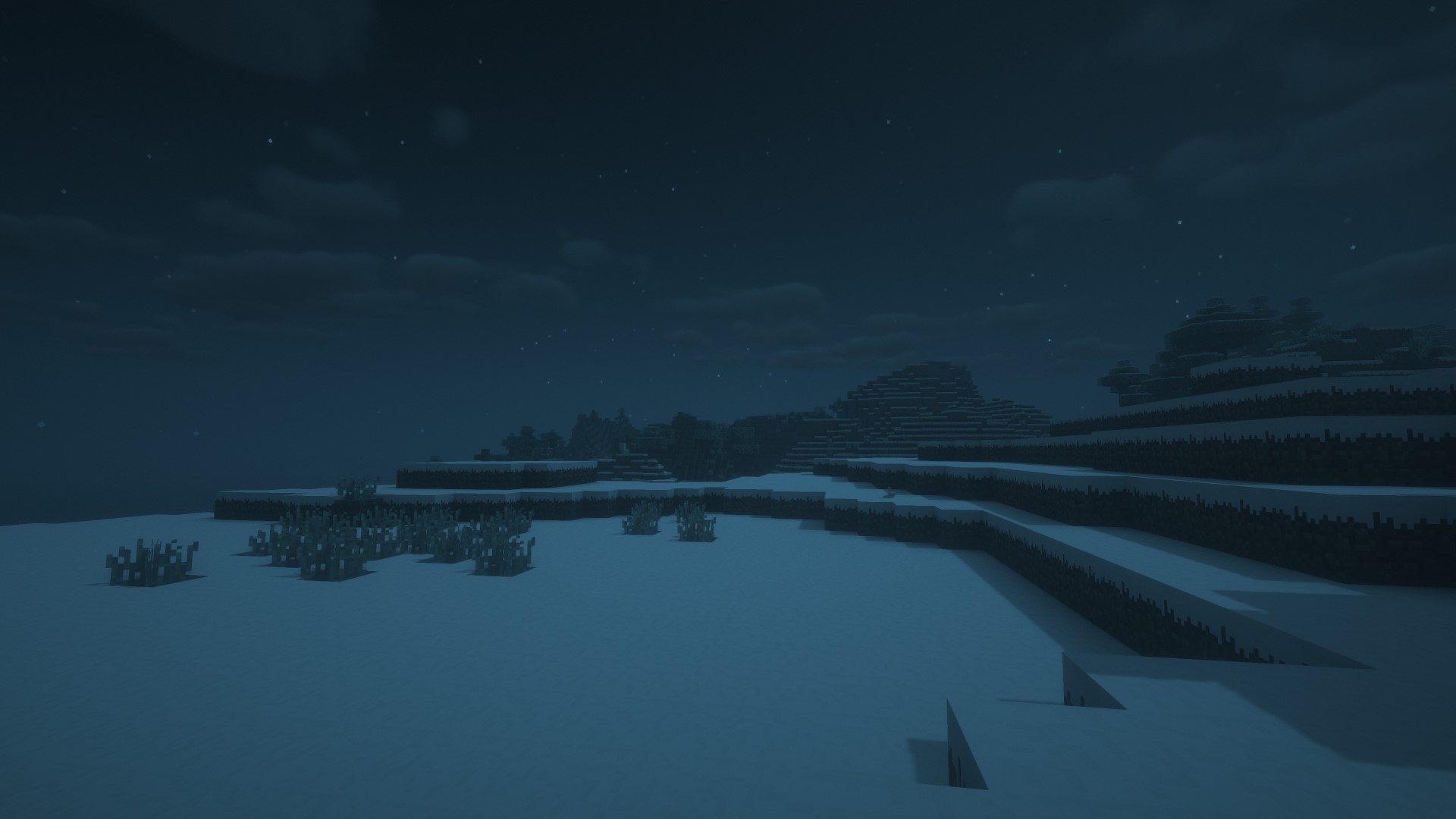 Minecraft snowy landscape at night HD Wallpaper