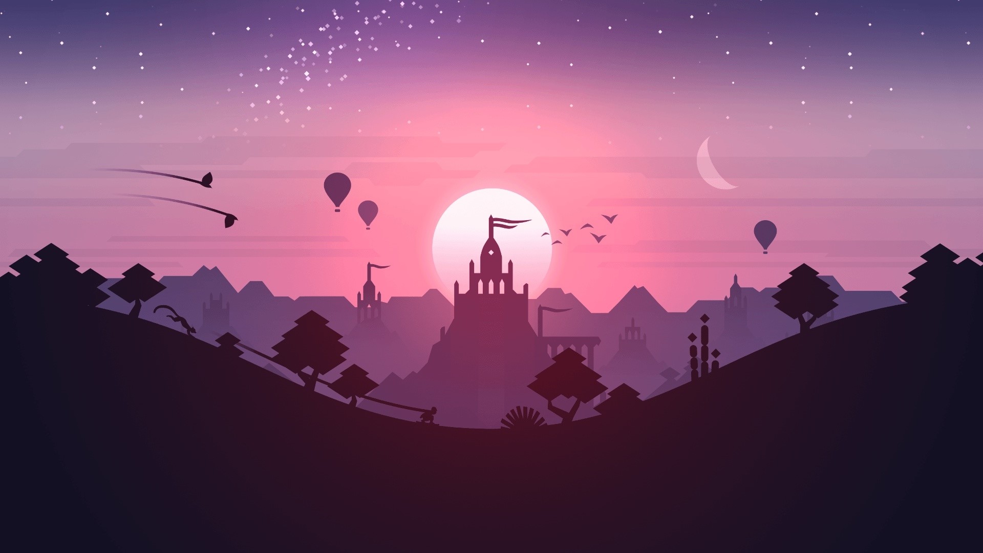 Fantasy landscape with castle and hot air balloons at sunset HD Wallpaper