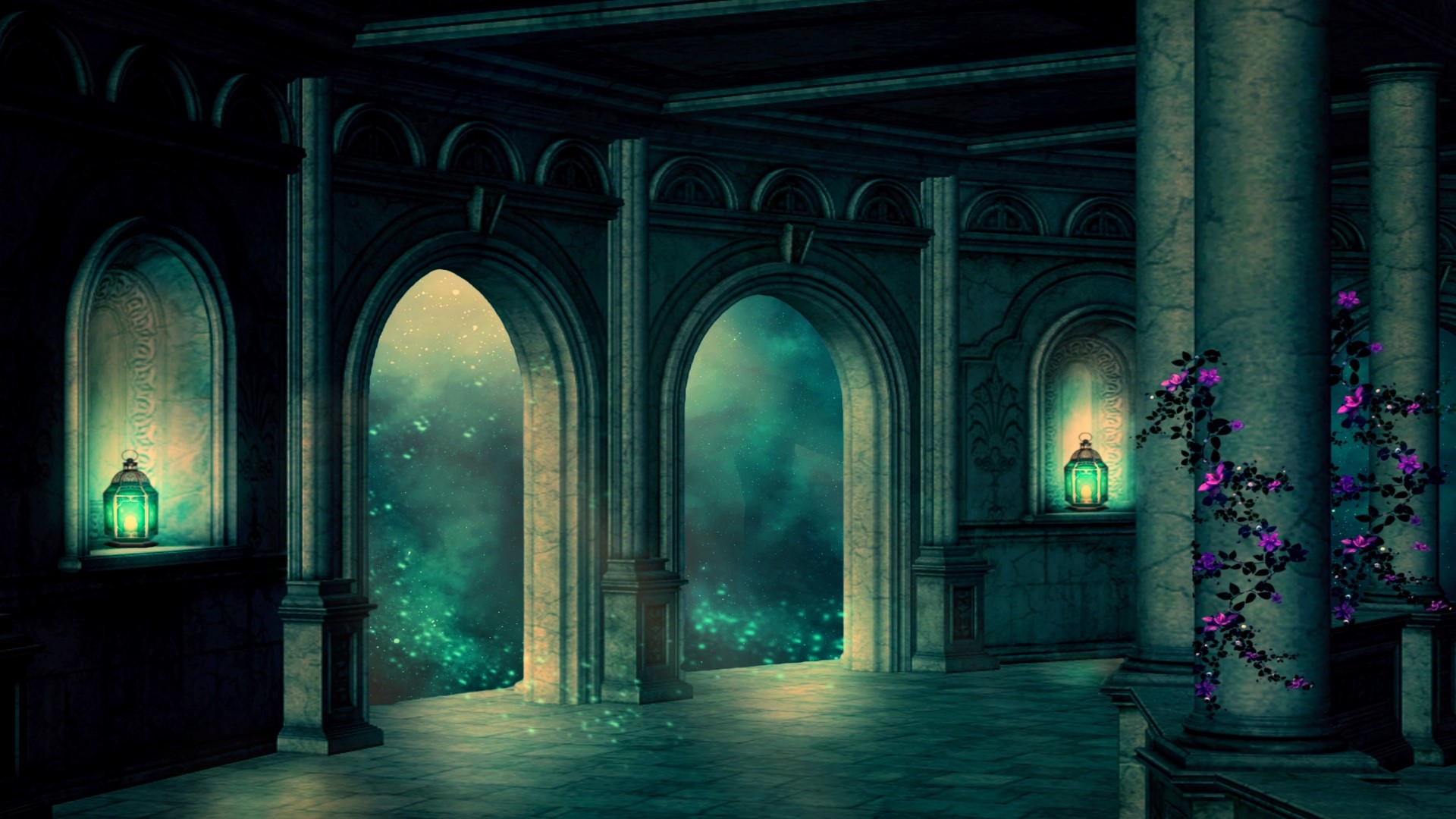 Fantasy palace interior with glowing arches HD Wallpaper