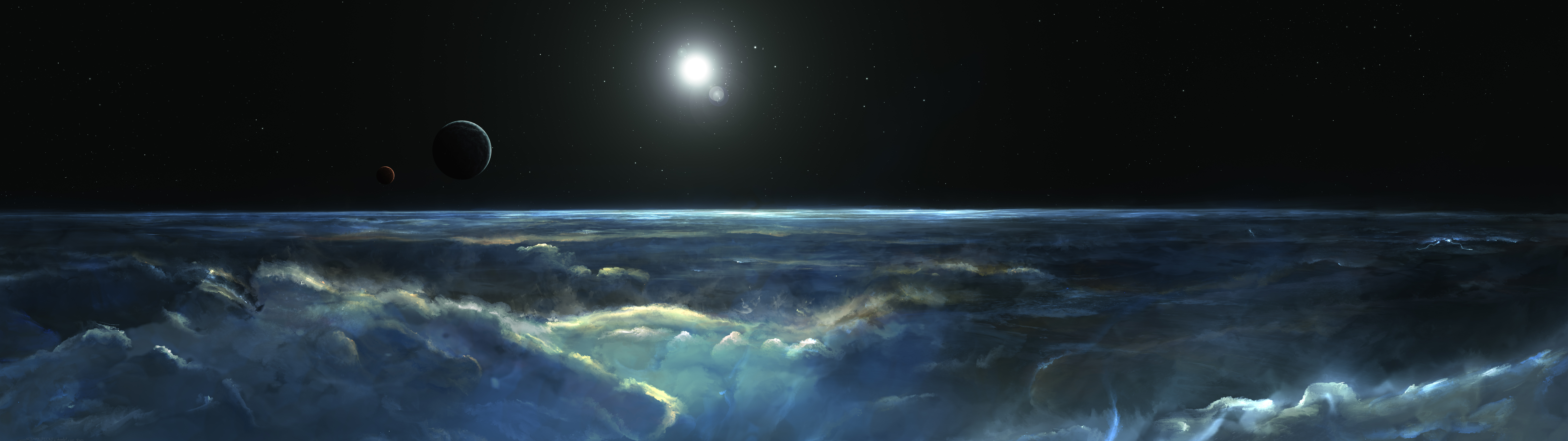 Planetary landscape with celestial bodies and clouds HD Wallpaper
