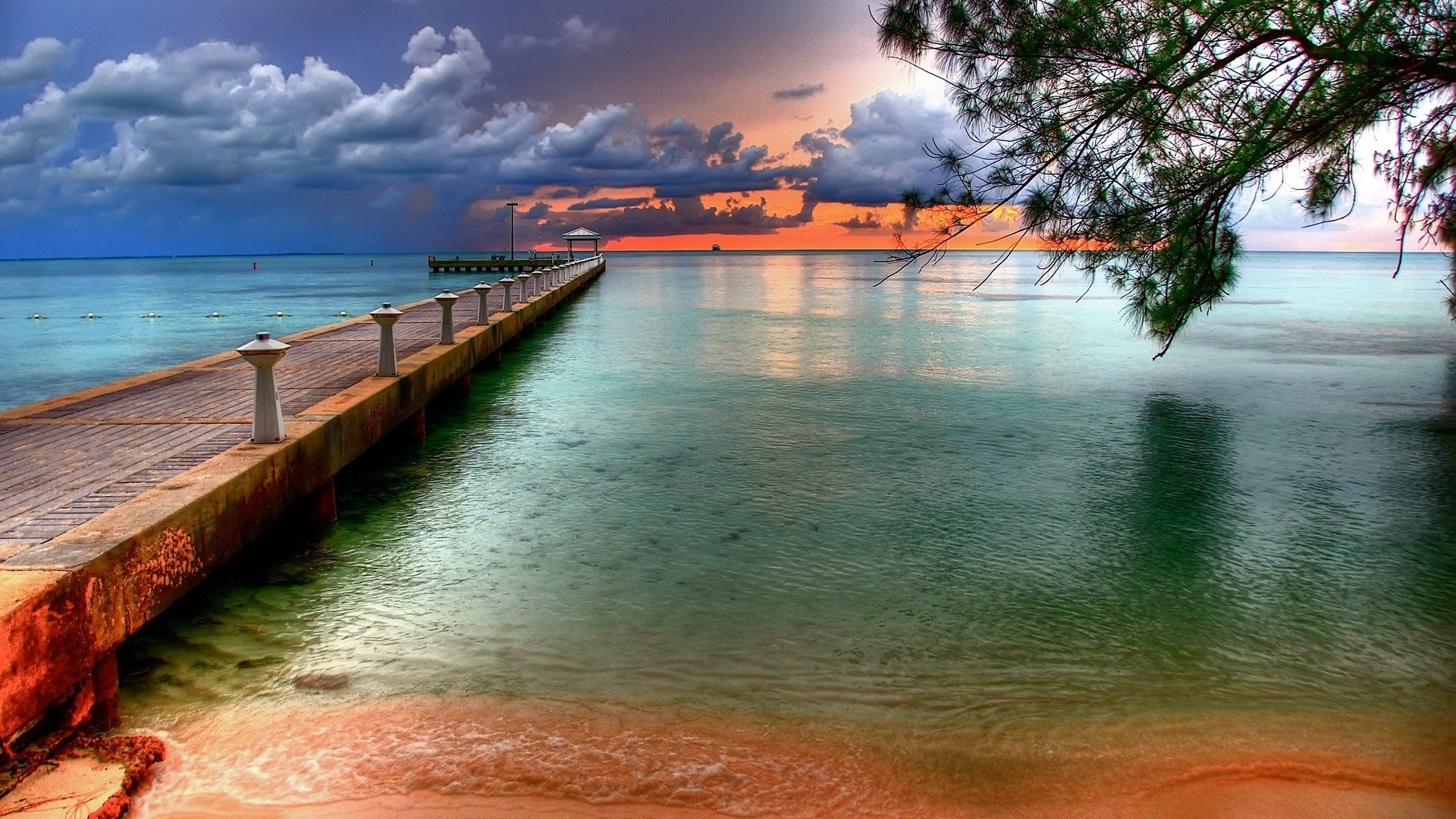 Sea and pier at sunset HD Wallpaper