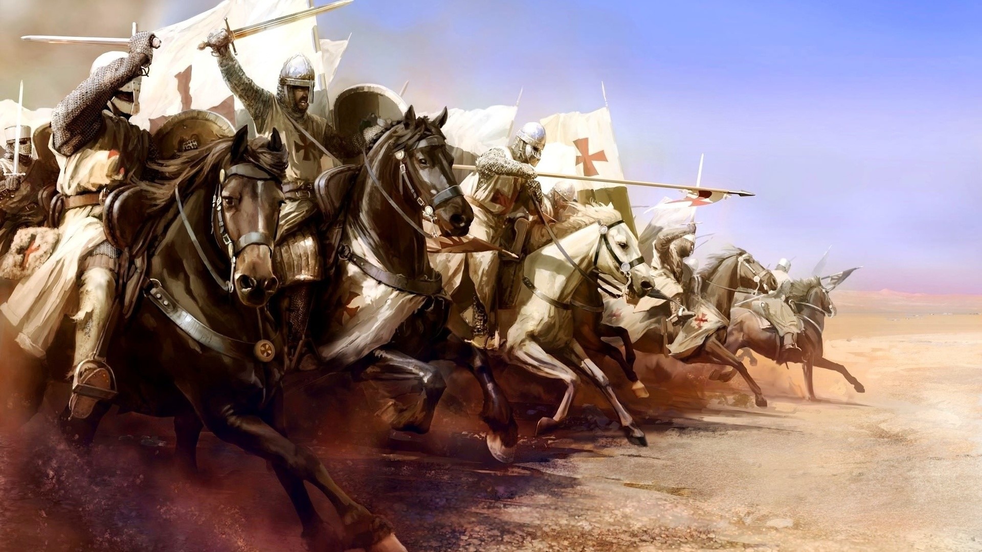 Knights Templar charging on horseback HD Wallpaper