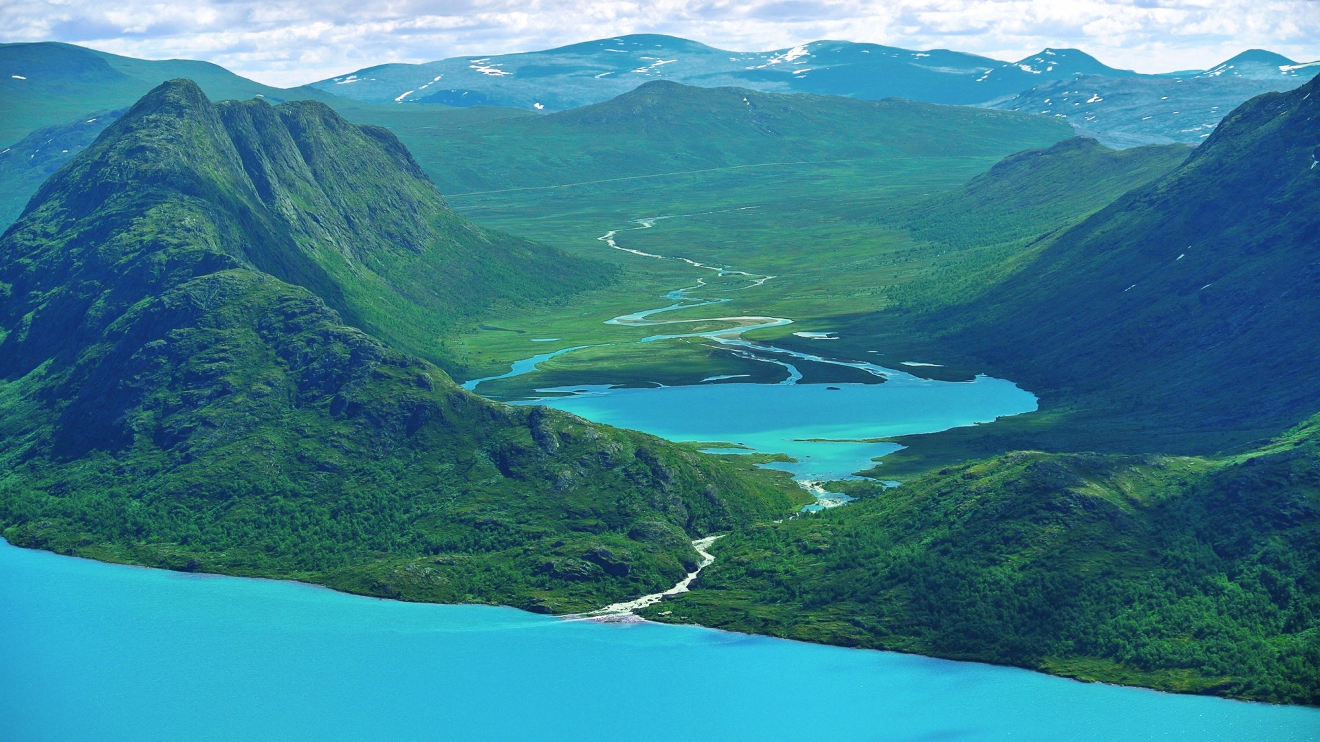 Turquoise lake and river valley with green mountains HD Wallpaper