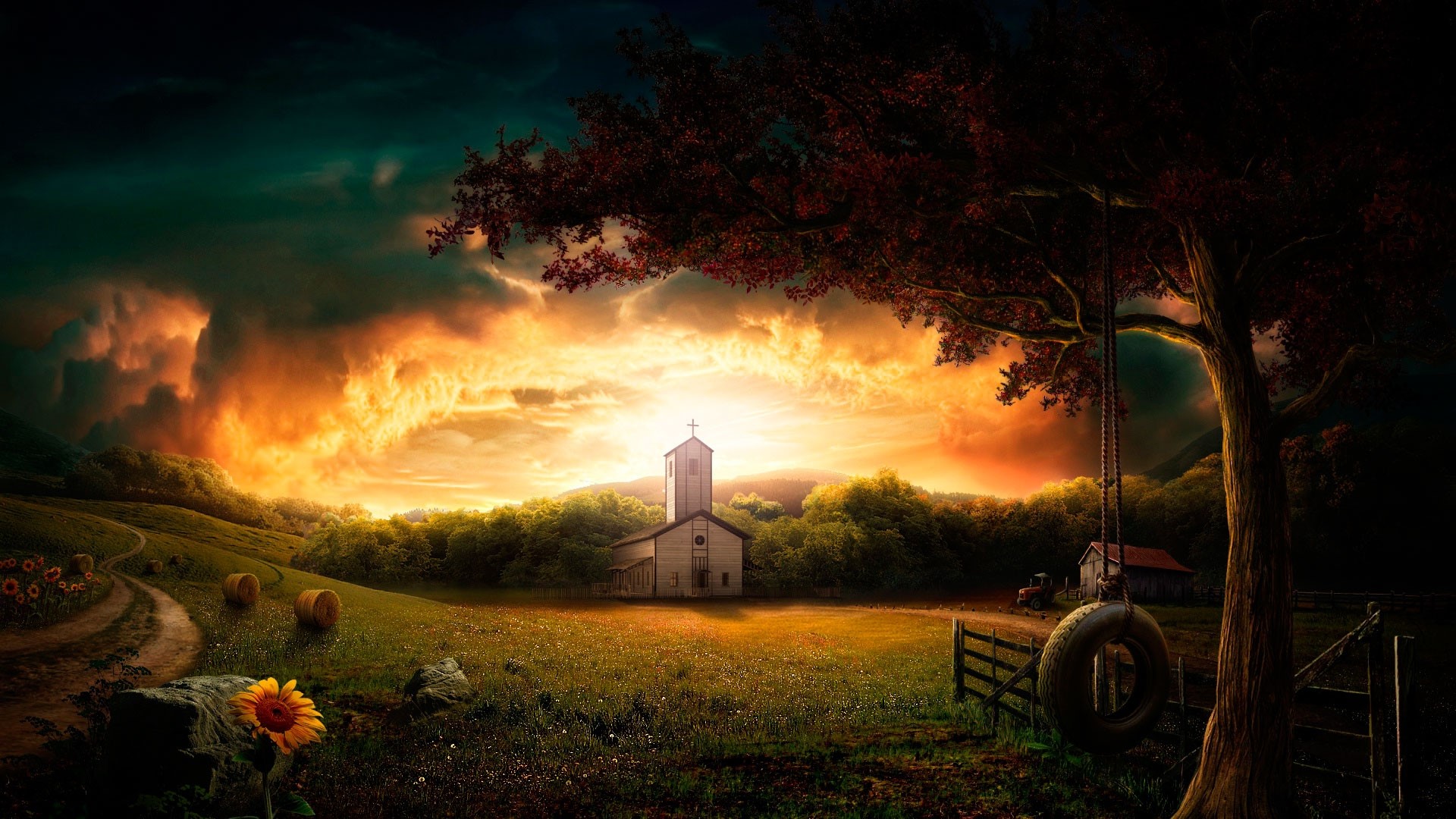 Rural landscape with church and stormy sunset HD Wallpaper