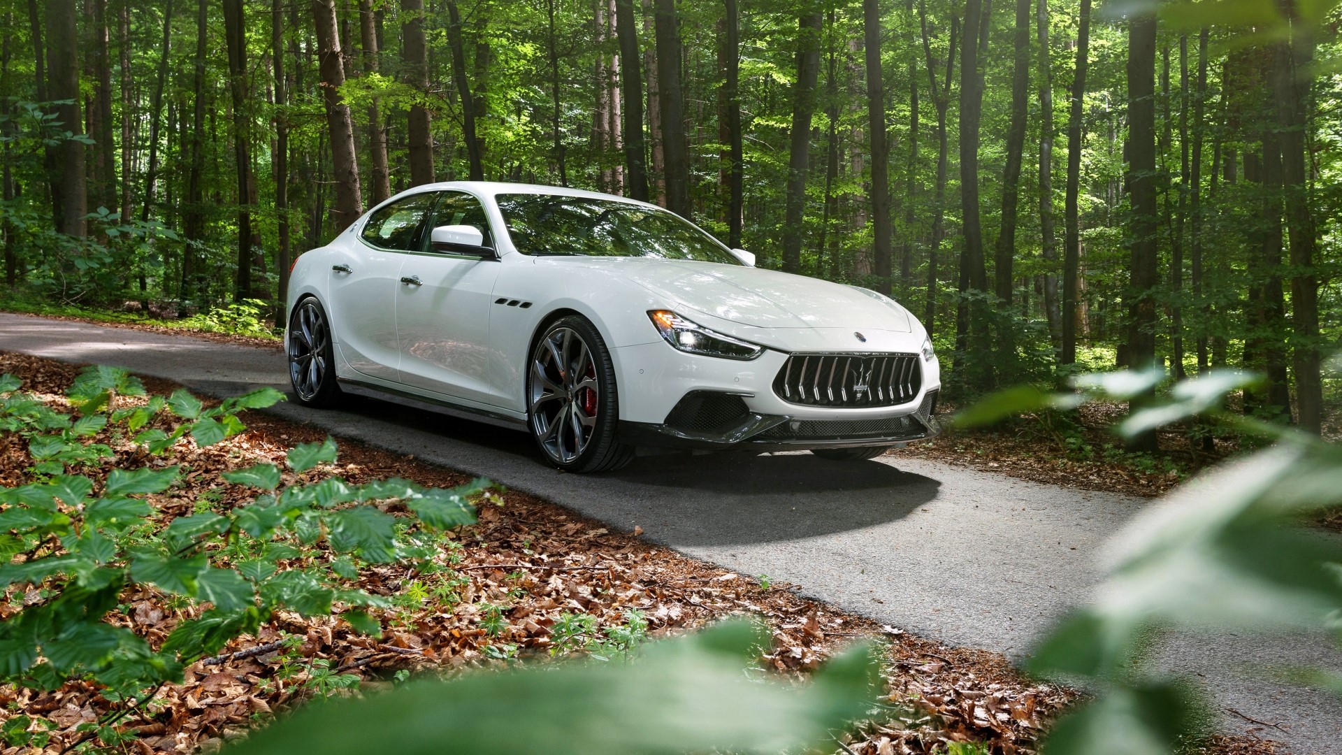 White Maserati Ghibli on a forest road HD Wallpaper