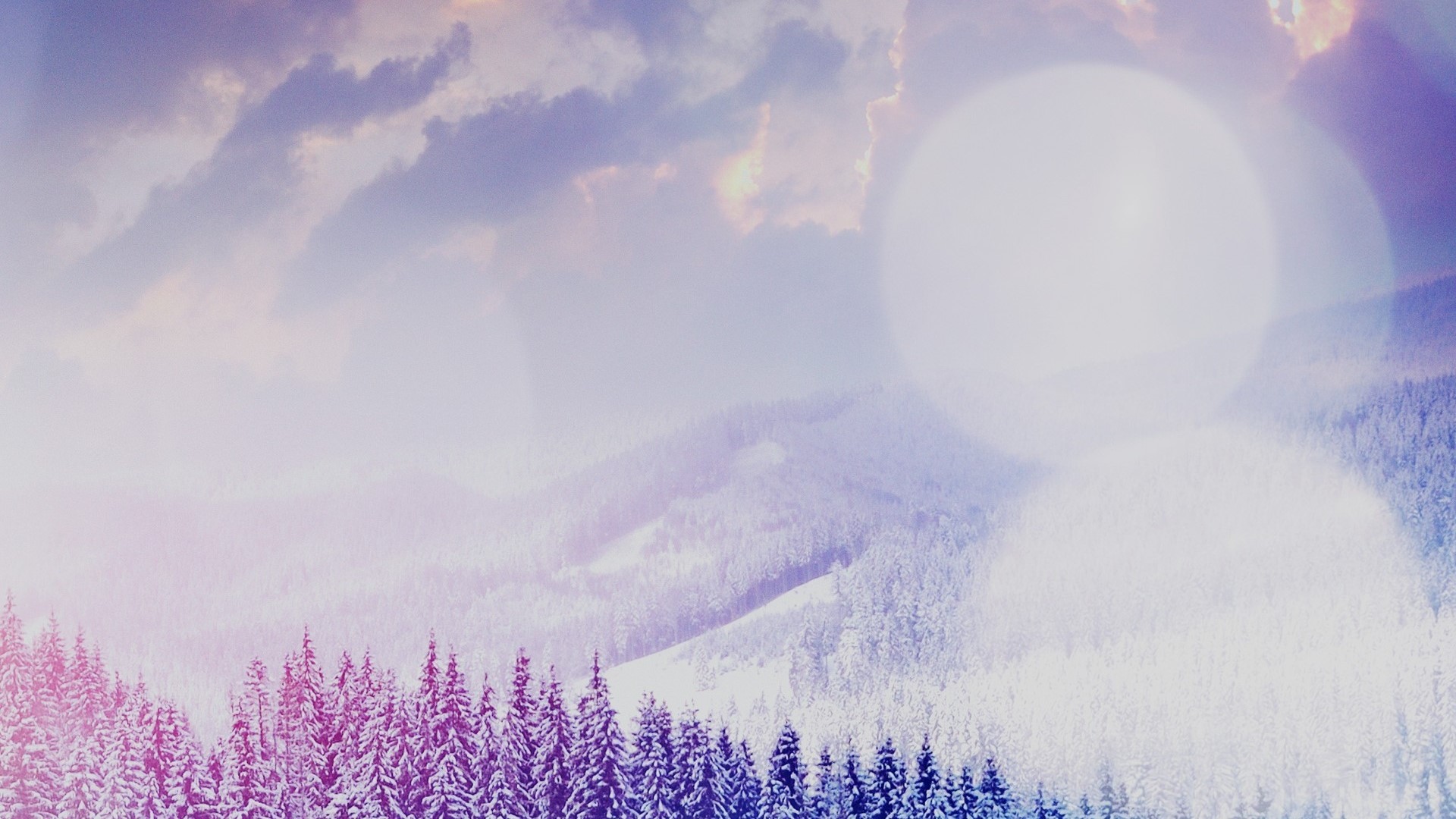 Snowy mountains with pine trees and clouds HD Wallpaper