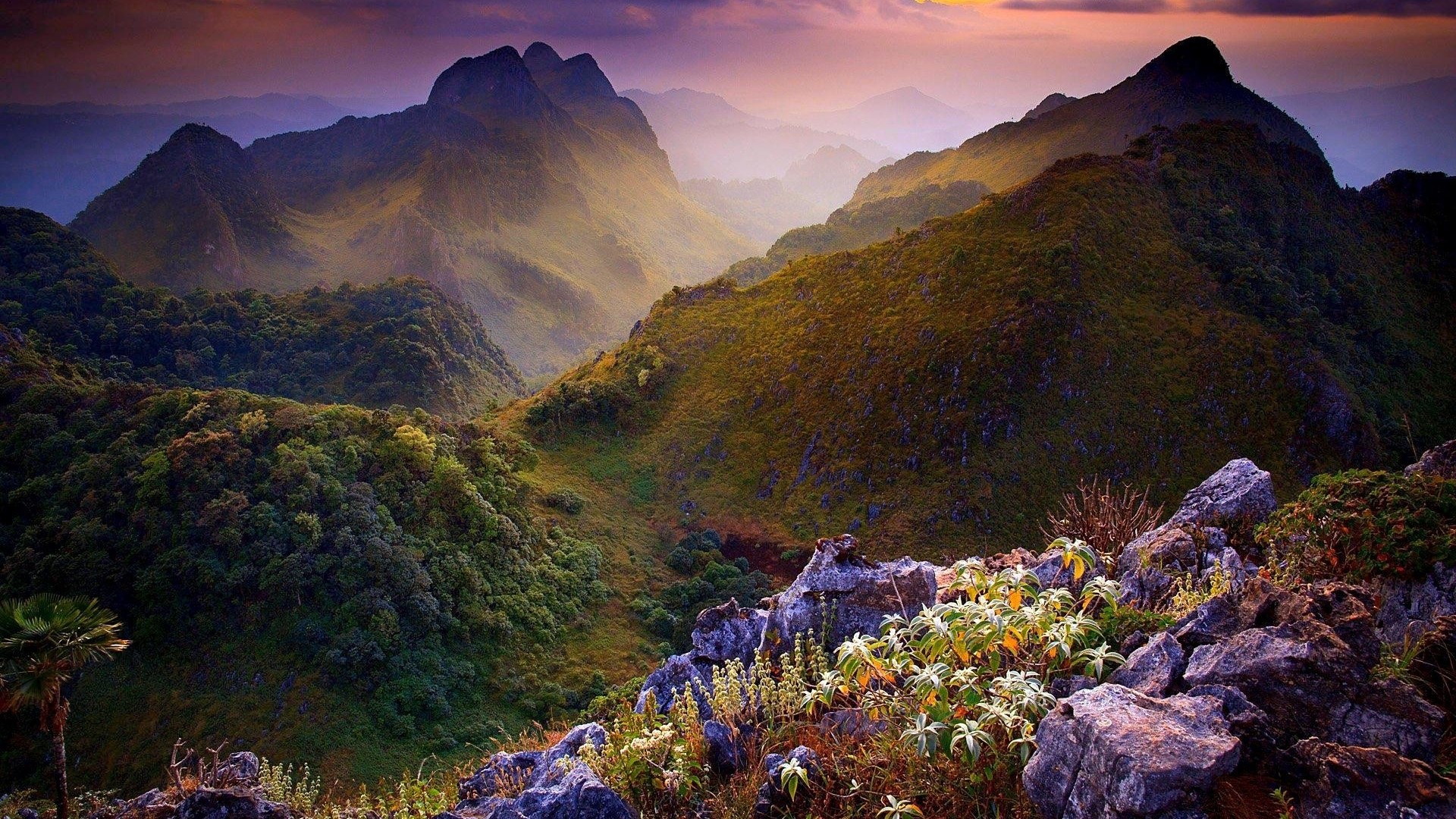 Mountains at sunset with forest and rocks HD Wallpaper