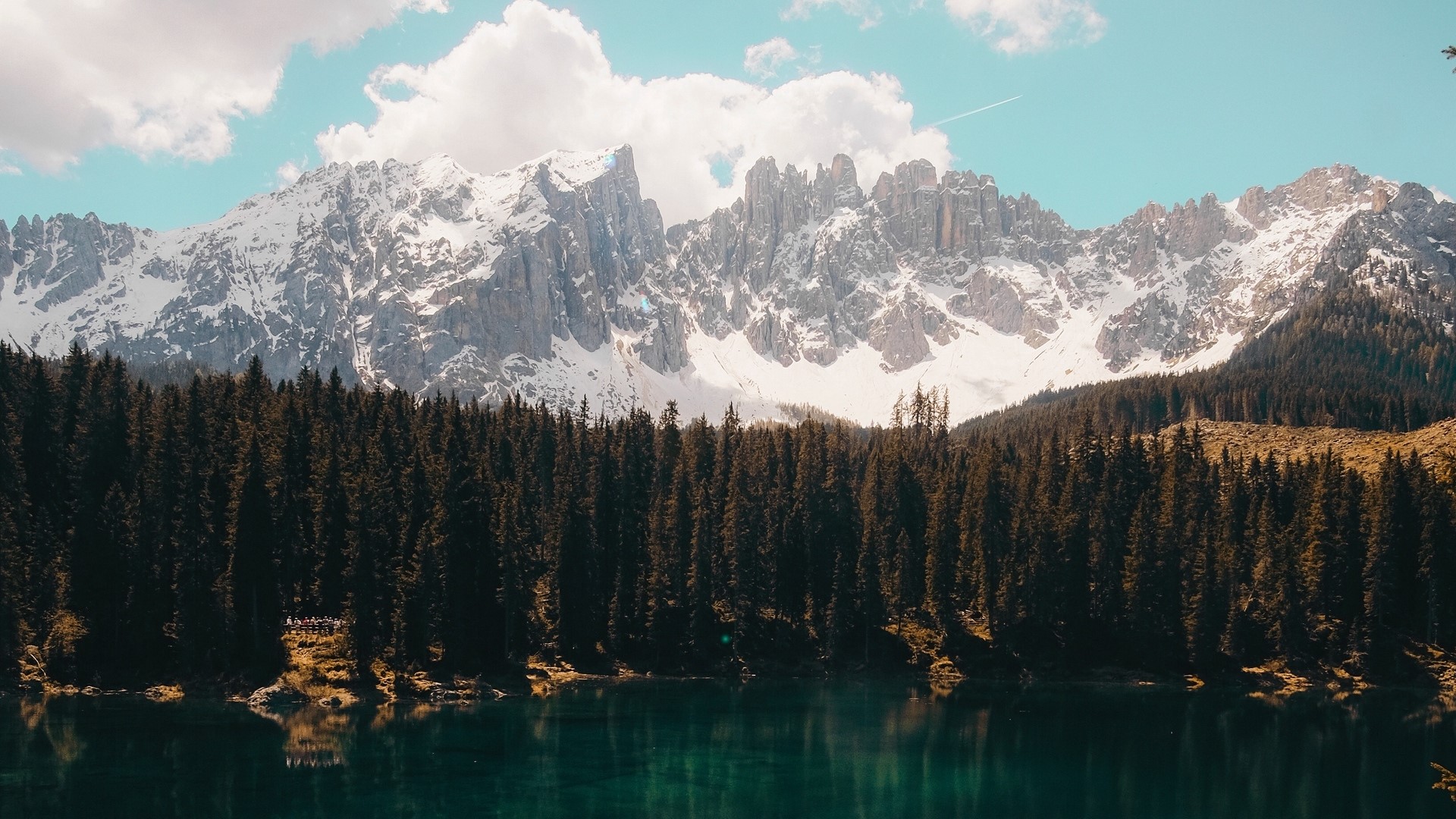 Snow-capped mountains over a pine forest and lake HD Wallpaper