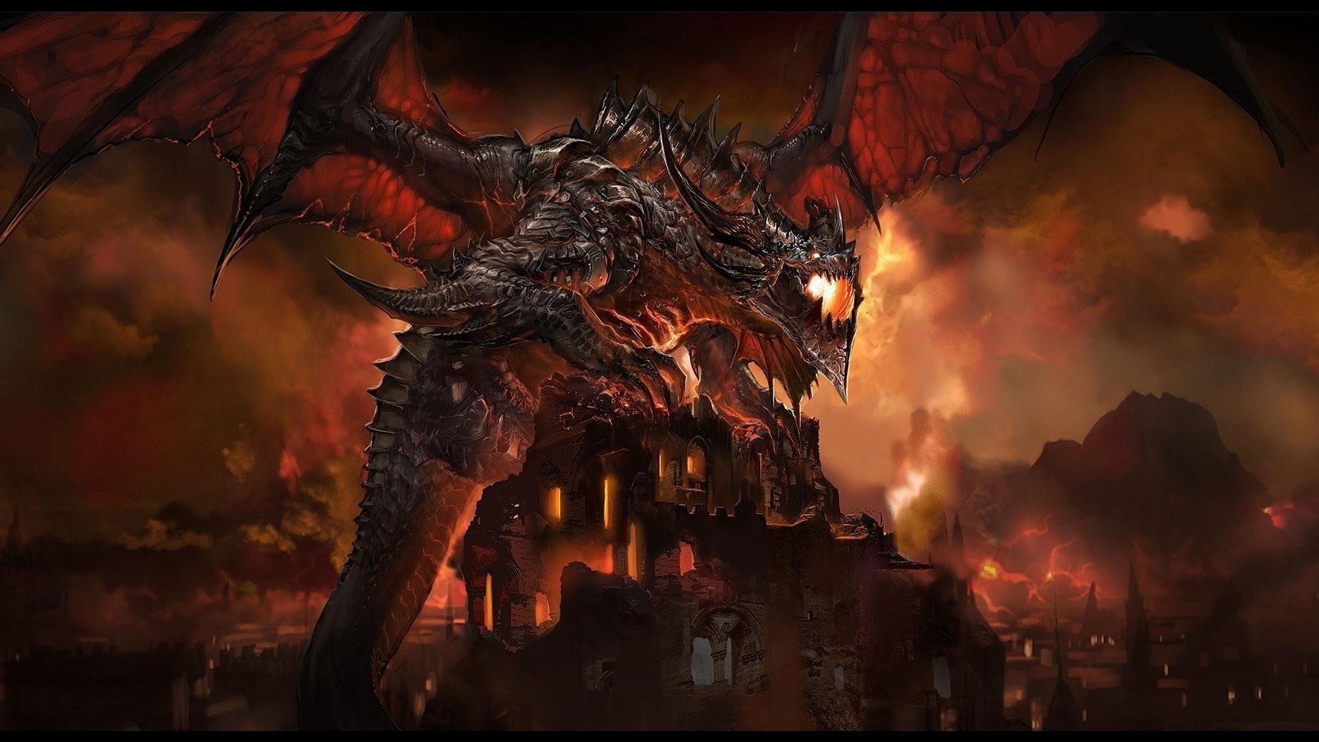 Dragon perched on a ruined castle HD Wallpaper