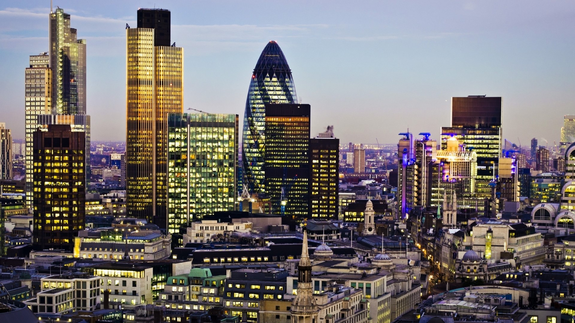 London Cityscape with Modern Skyscrapers at Dusk HD Wallpaper