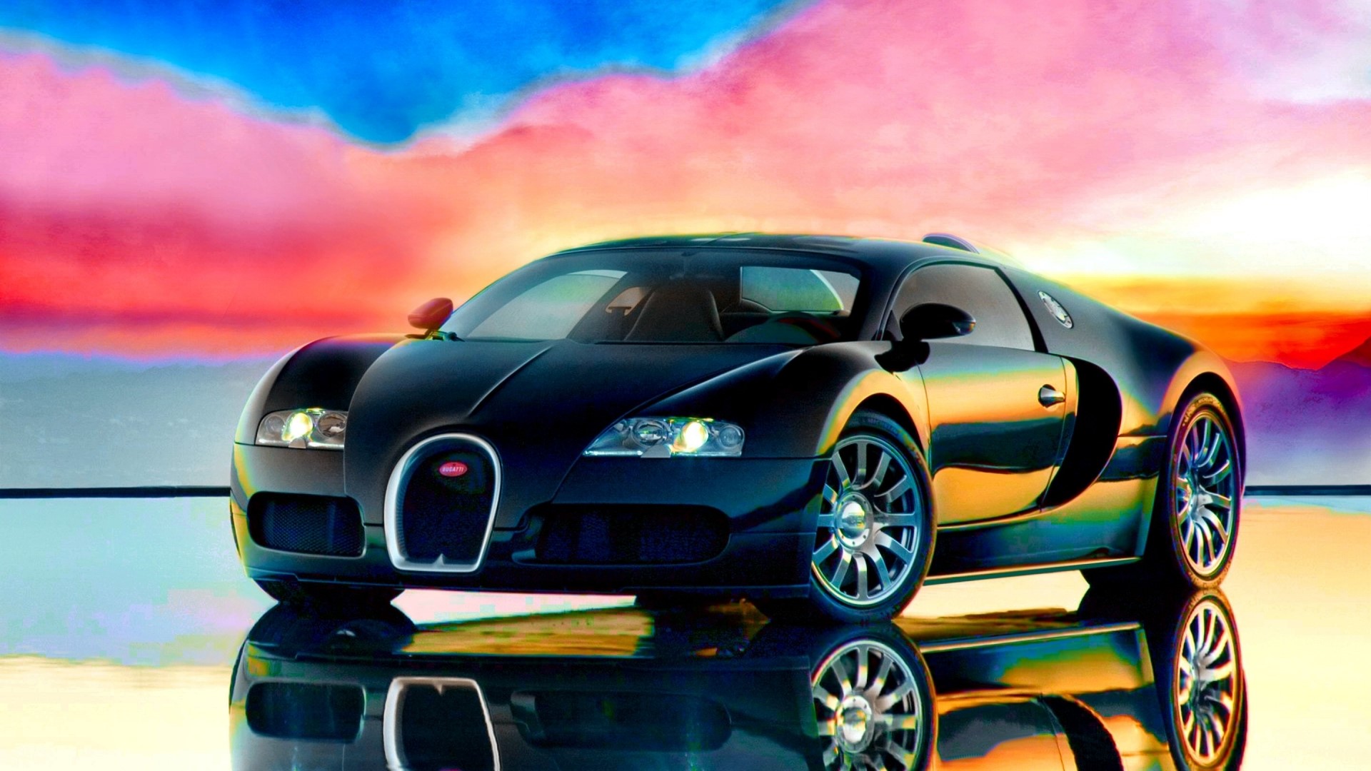 Black Bugatti Veyron on Reflective Surface HD Wallpaper