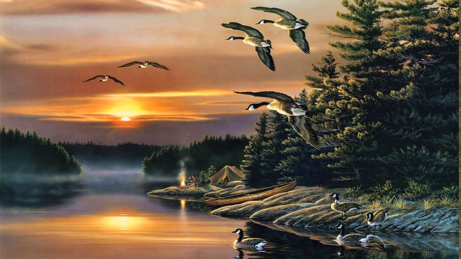 Geese flying over a lake at sunset with a campsite HD Wallpaper
