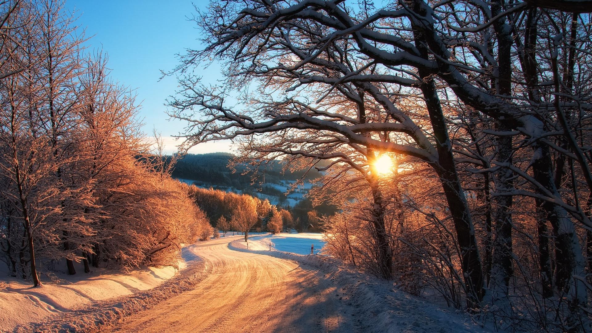 Winter road with snow and sun HD Wallpaper