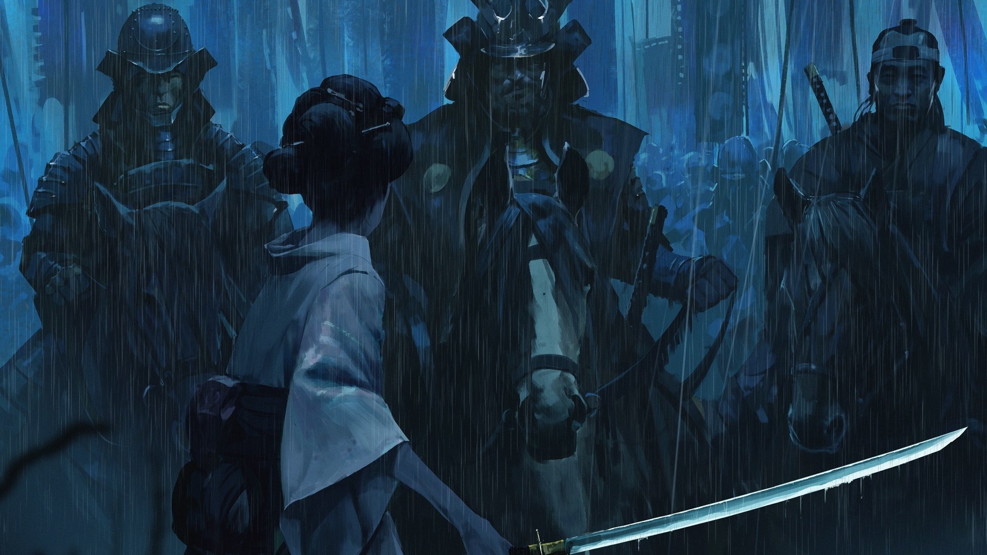 Woman with katana faces samurai army in rain HD Wallpaper