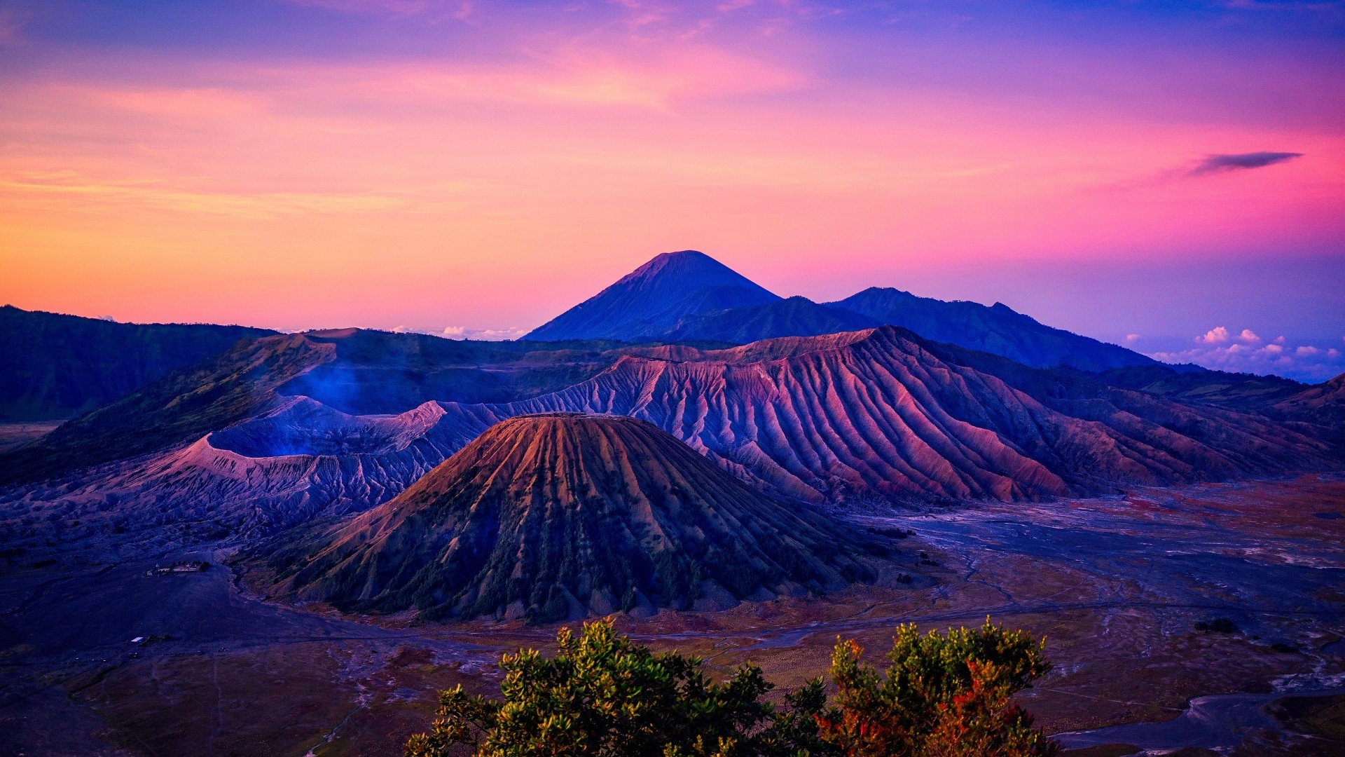 Volcanoes at sunrise with colorful sky HD Wallpaper
