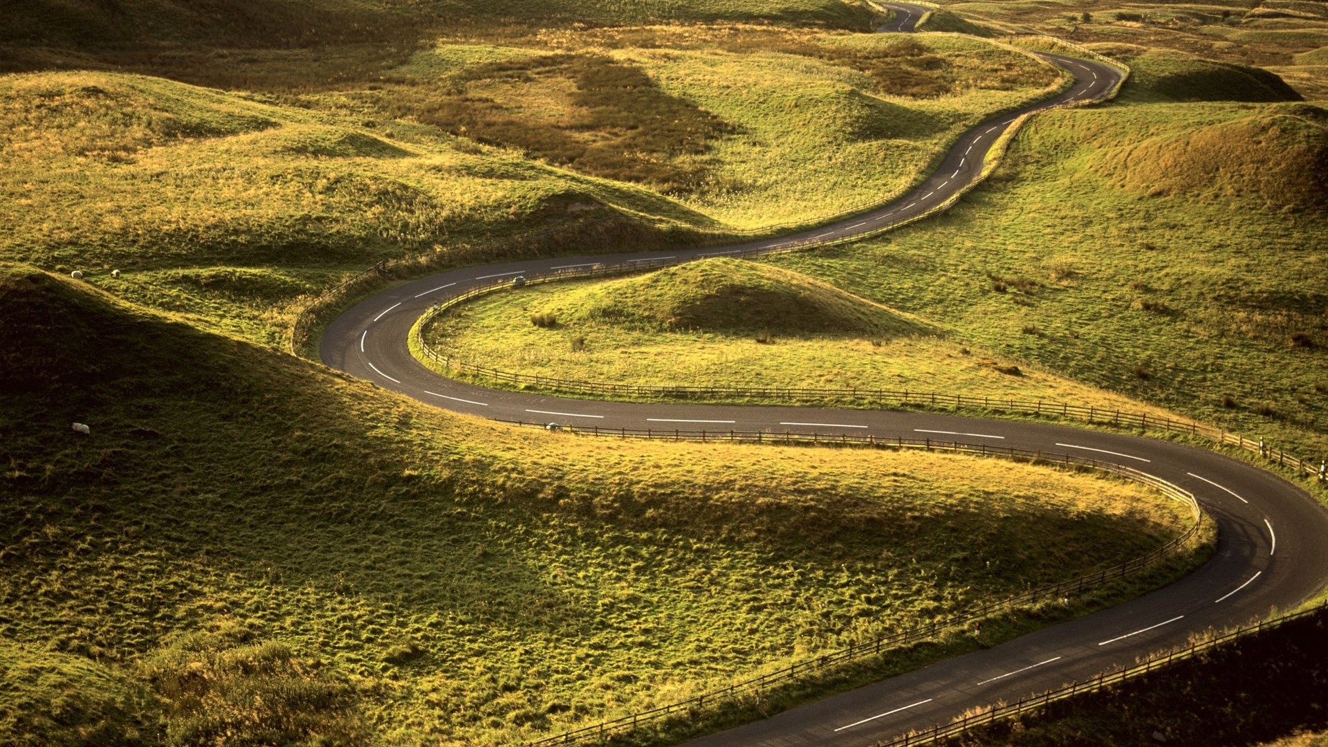 Winding road through grassy hills HD Wallpaper