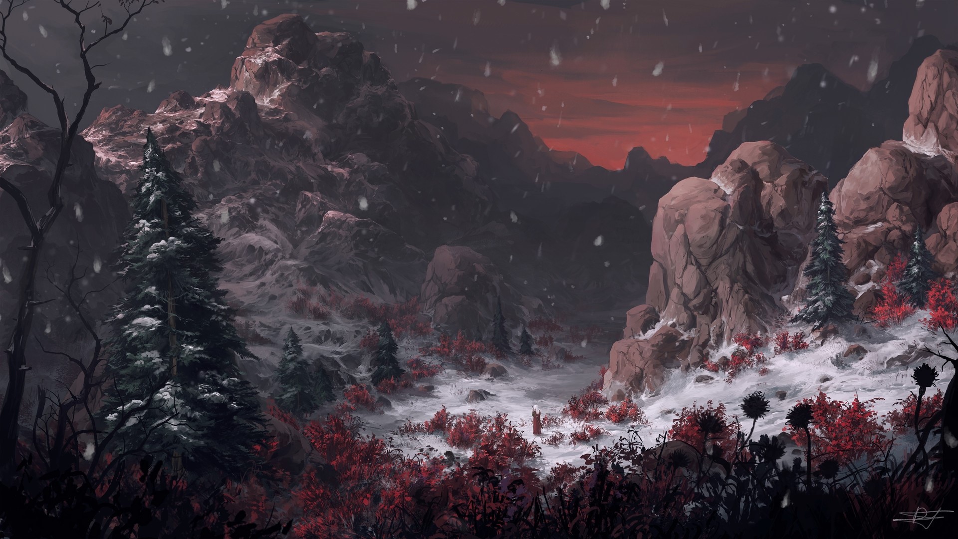 Fantasy snowy mountain landscape with red foliage HD Wallpaper