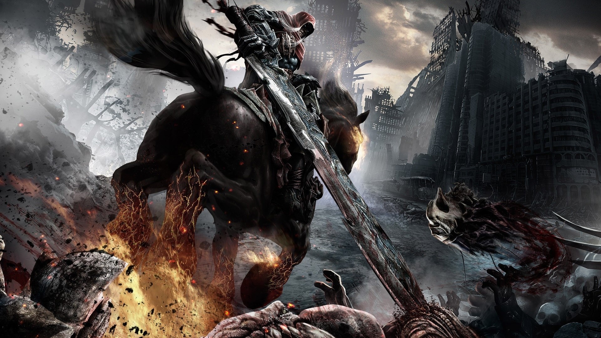 War from Darksiders on horseback in a ruined city HD Wallpaper