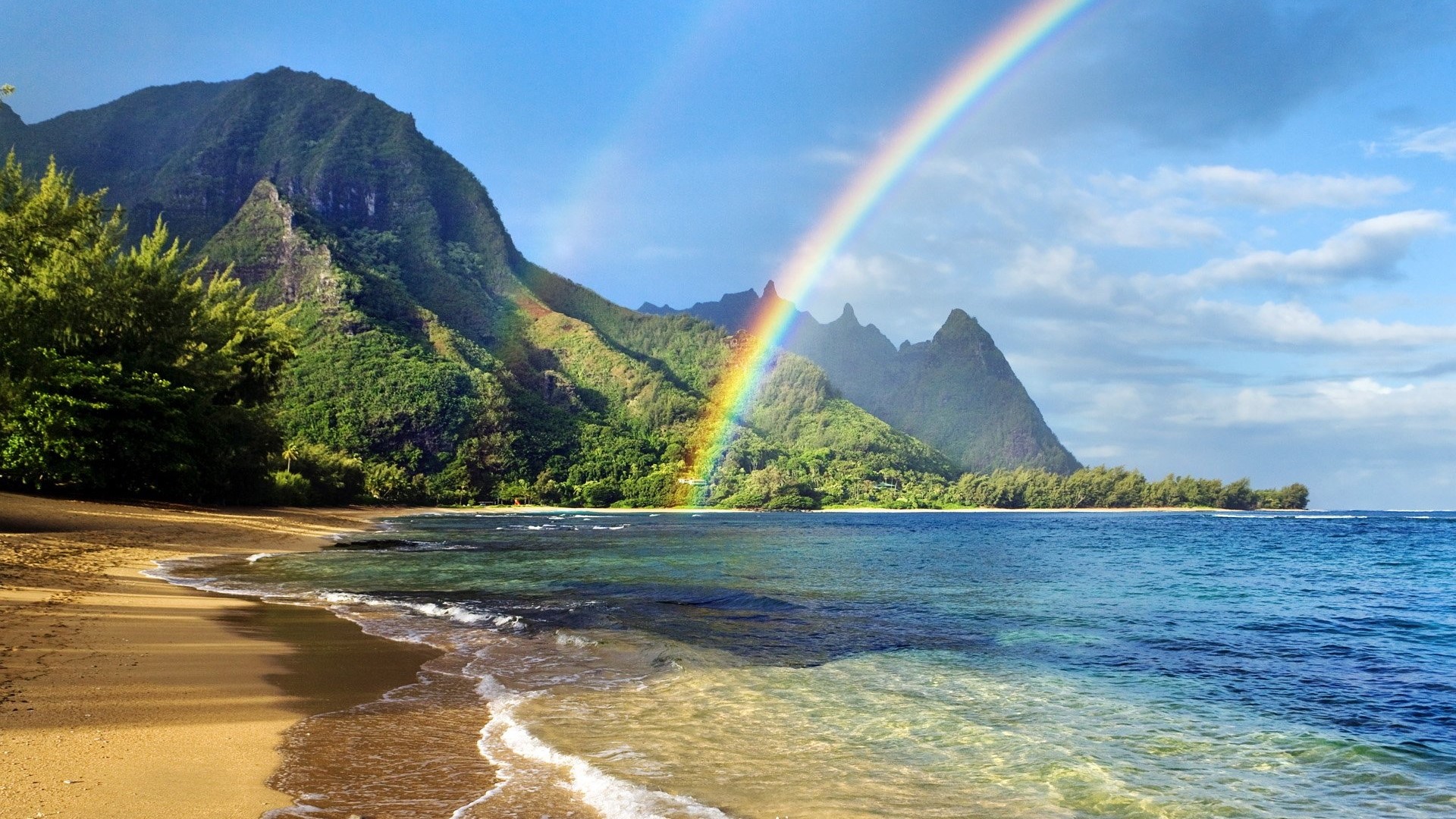 Rainbow over a tropical beach and mountains HD Wallpaper