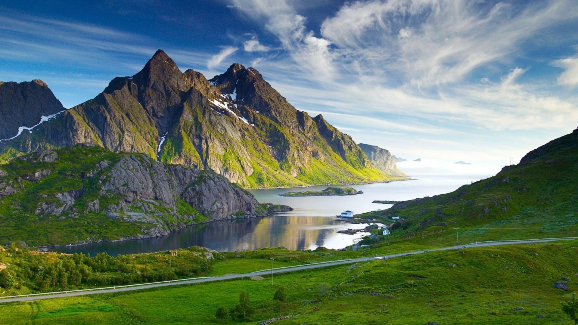 Mountains and ocean with a boat HD Wallpaper