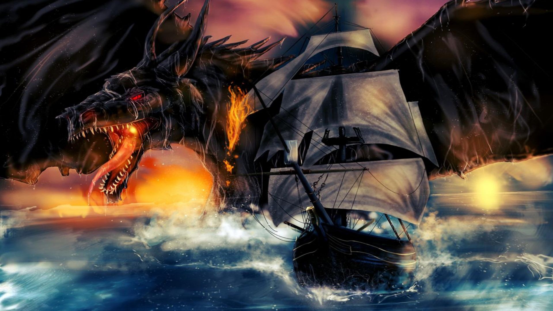 Dragon attacking a ship at sea HD Wallpaper