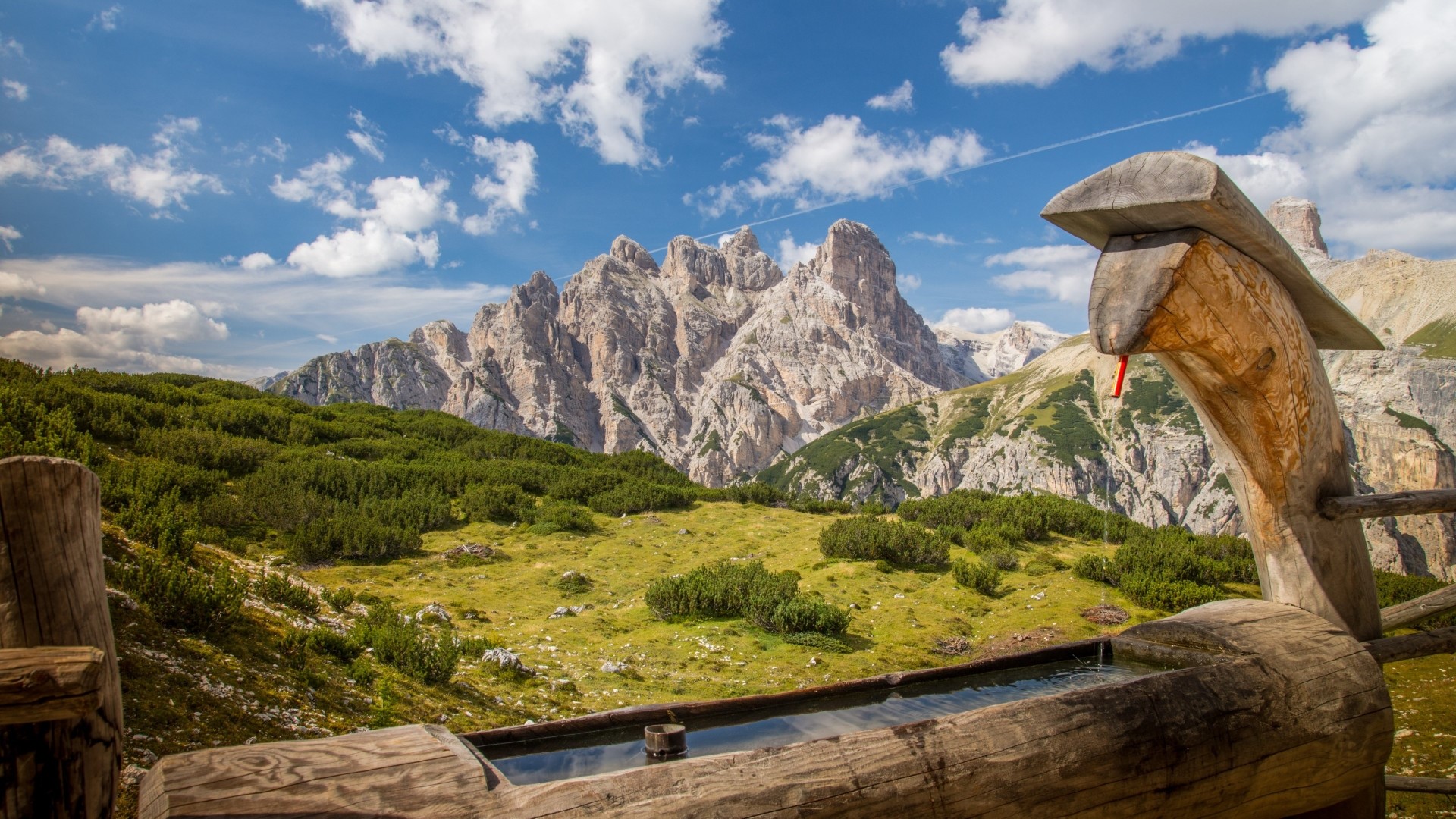Wooden snake fountain in the Dolomites HD Wallpaper