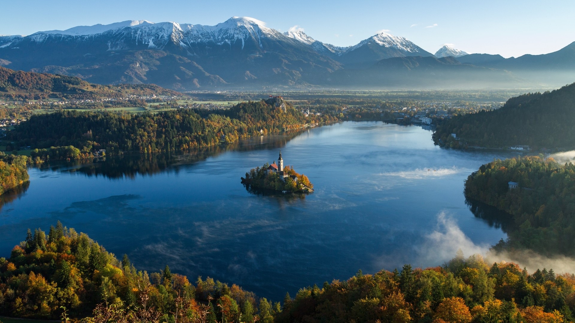 Lake Bled with island church and mountains HD Wallpaper