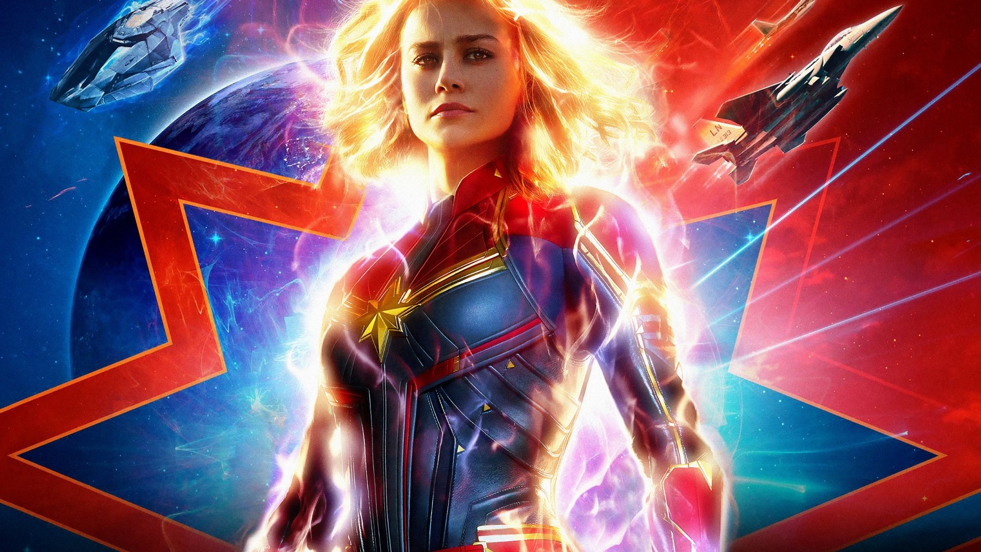 Captain Marvel in front of a starburst and planet HD Wallpaper