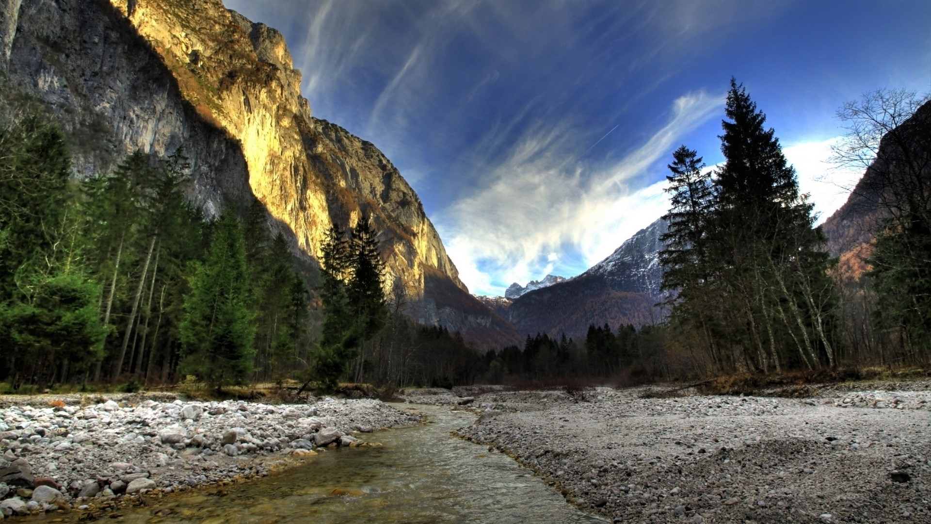 Mountain valley with river and forest HD Wallpaper