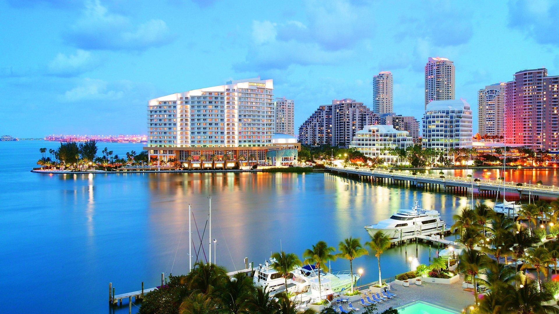 Miami Skyline and Waterfront at Dusk HD Wallpaper