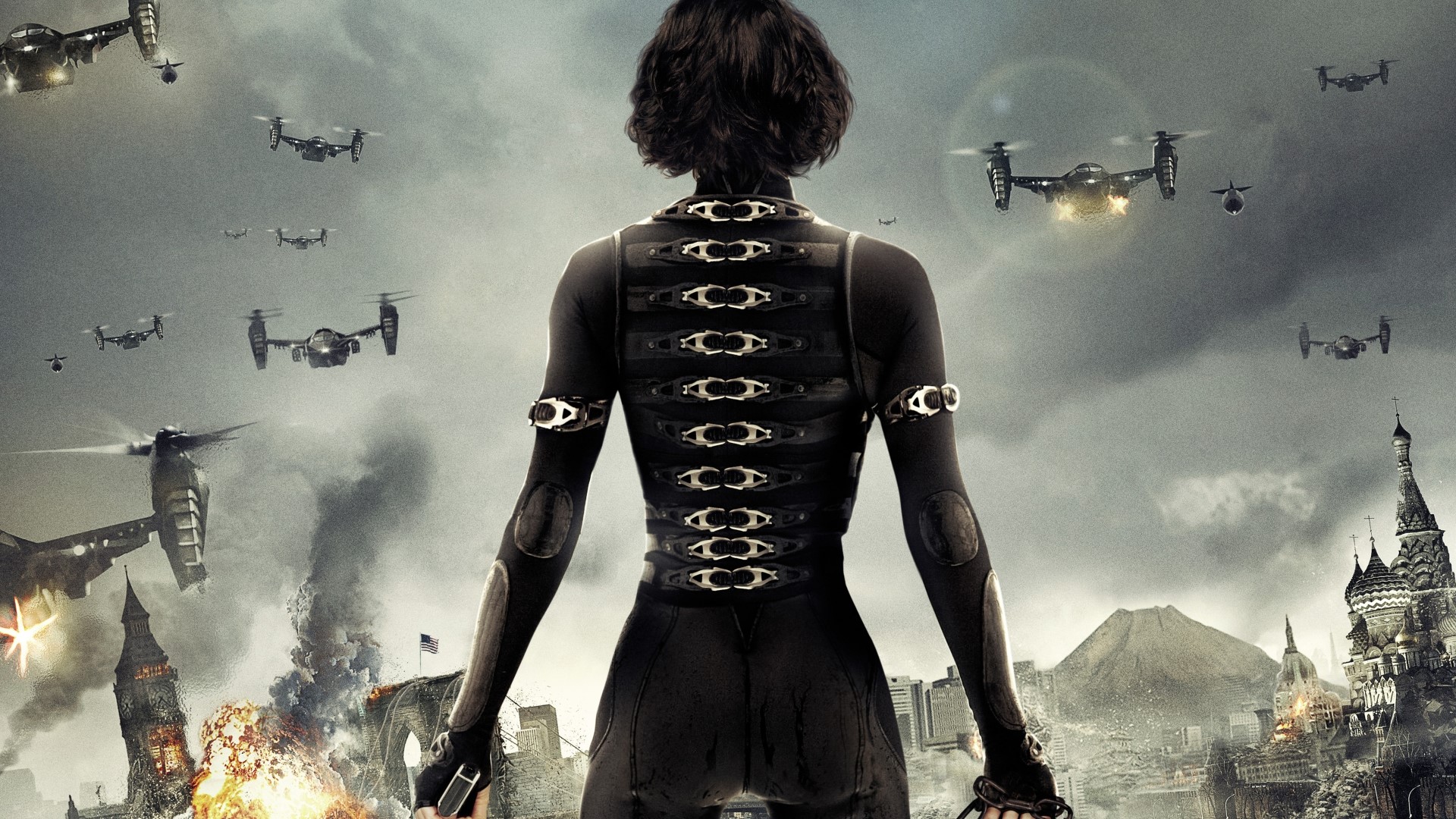 Alice from Resident Evil with Drones and Destroyed City HD Wallpaper