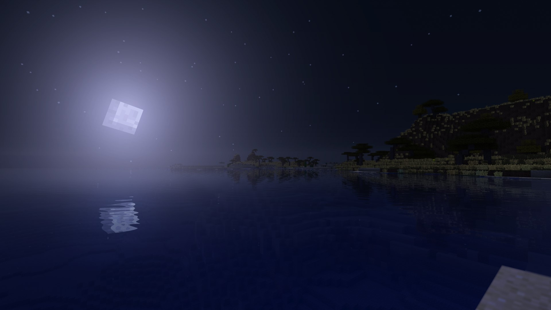 Minecraft night landscape with moon over water HD Wallpaper