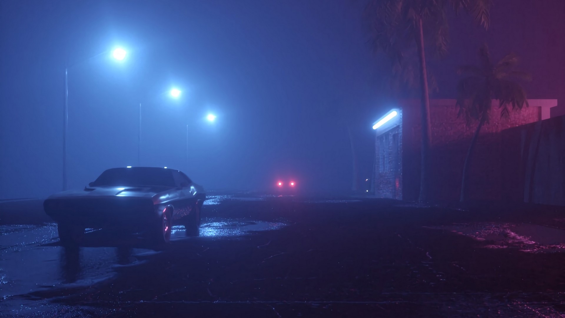 Car on a foggy street at night HD Wallpaper