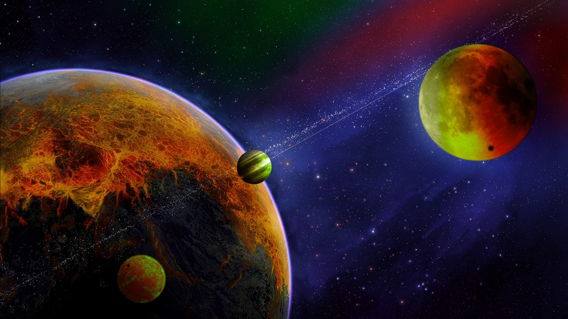 Planets and moons in colorful nebula HD Wallpaper