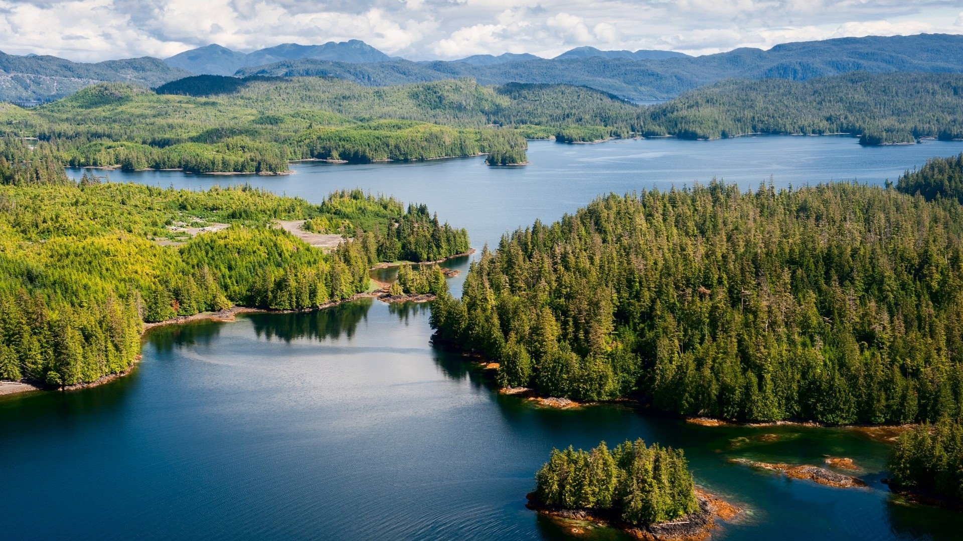 Aerial view of forested islands in Alaska, USA HD Wallpaper