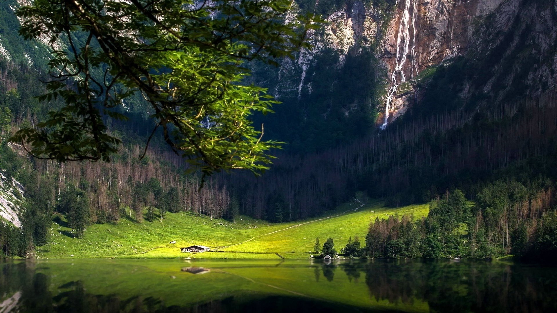 Lake in Bavaria with Waterfall and Cabin HD Wallpaper