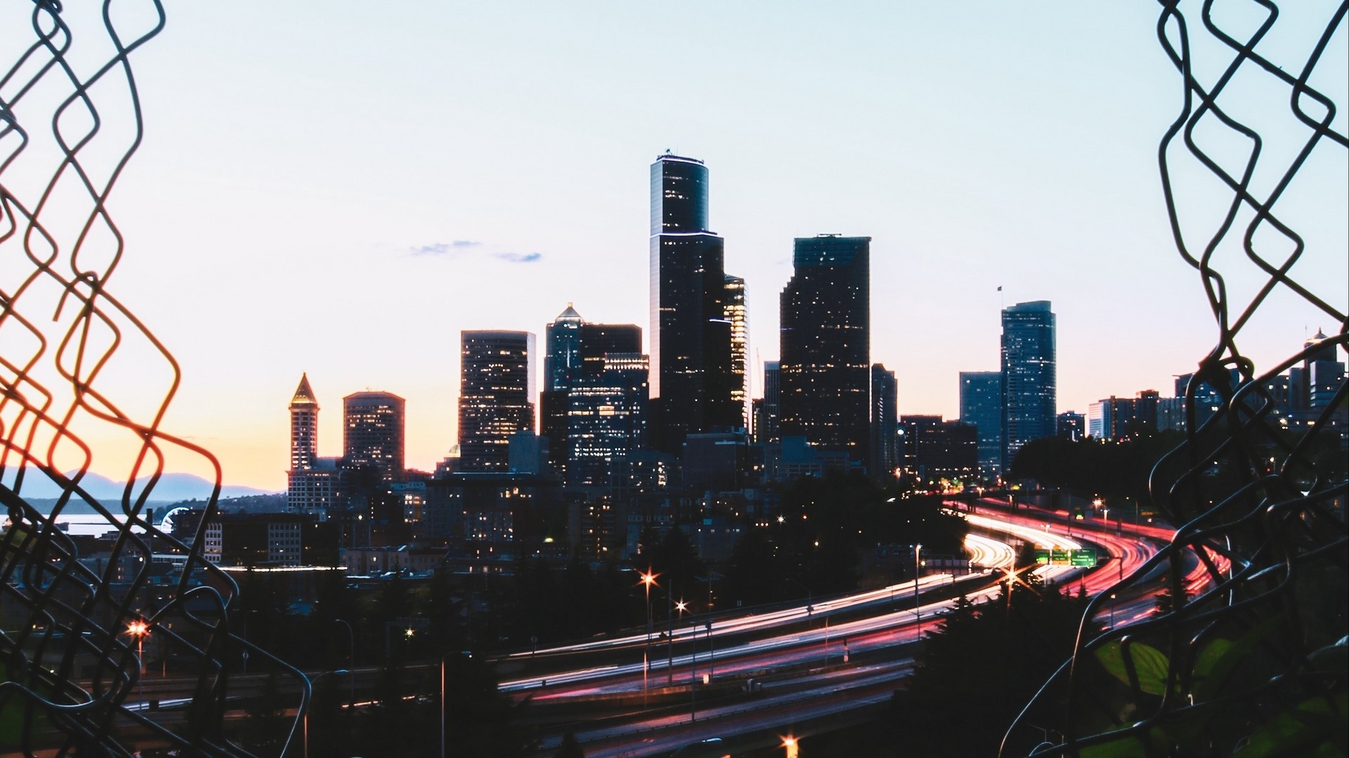 Cityscape with skyscrapers and light trails HD Wallpaper